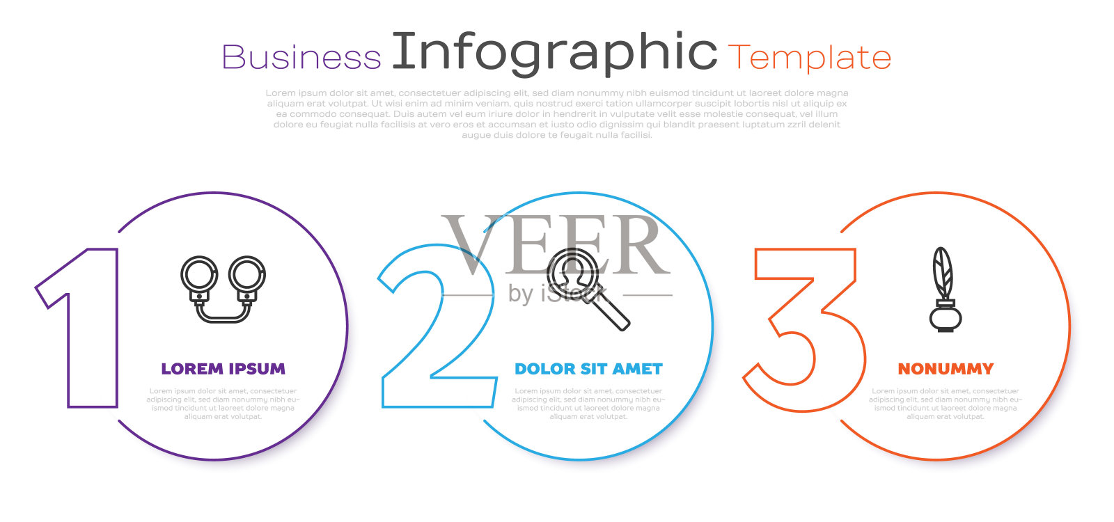 设置线手铐,放大镜搜索和羽毛和墨水瓶。业务信息图表模板。向量插画图片素材
