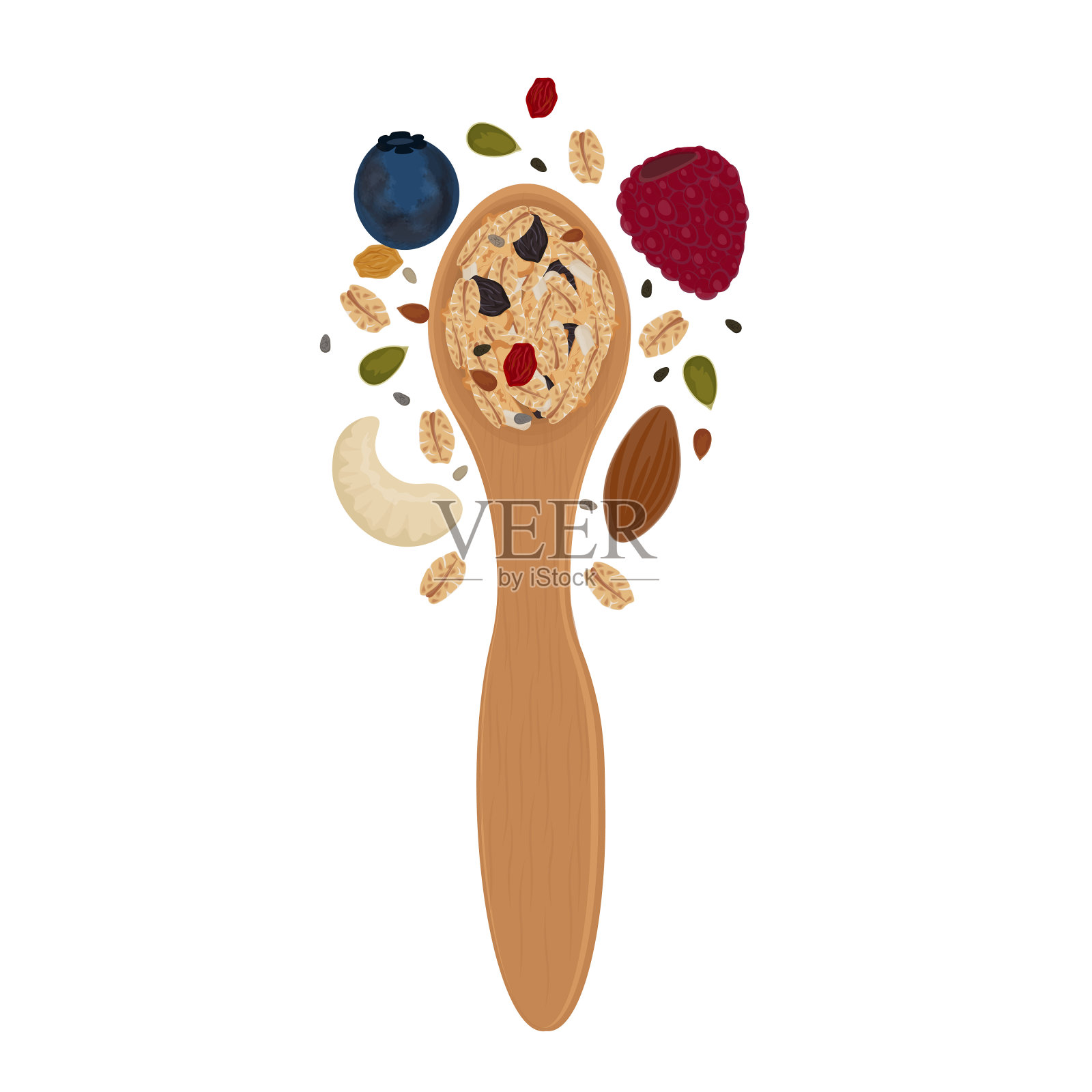 木勺上的什锦麦片插画图片素材