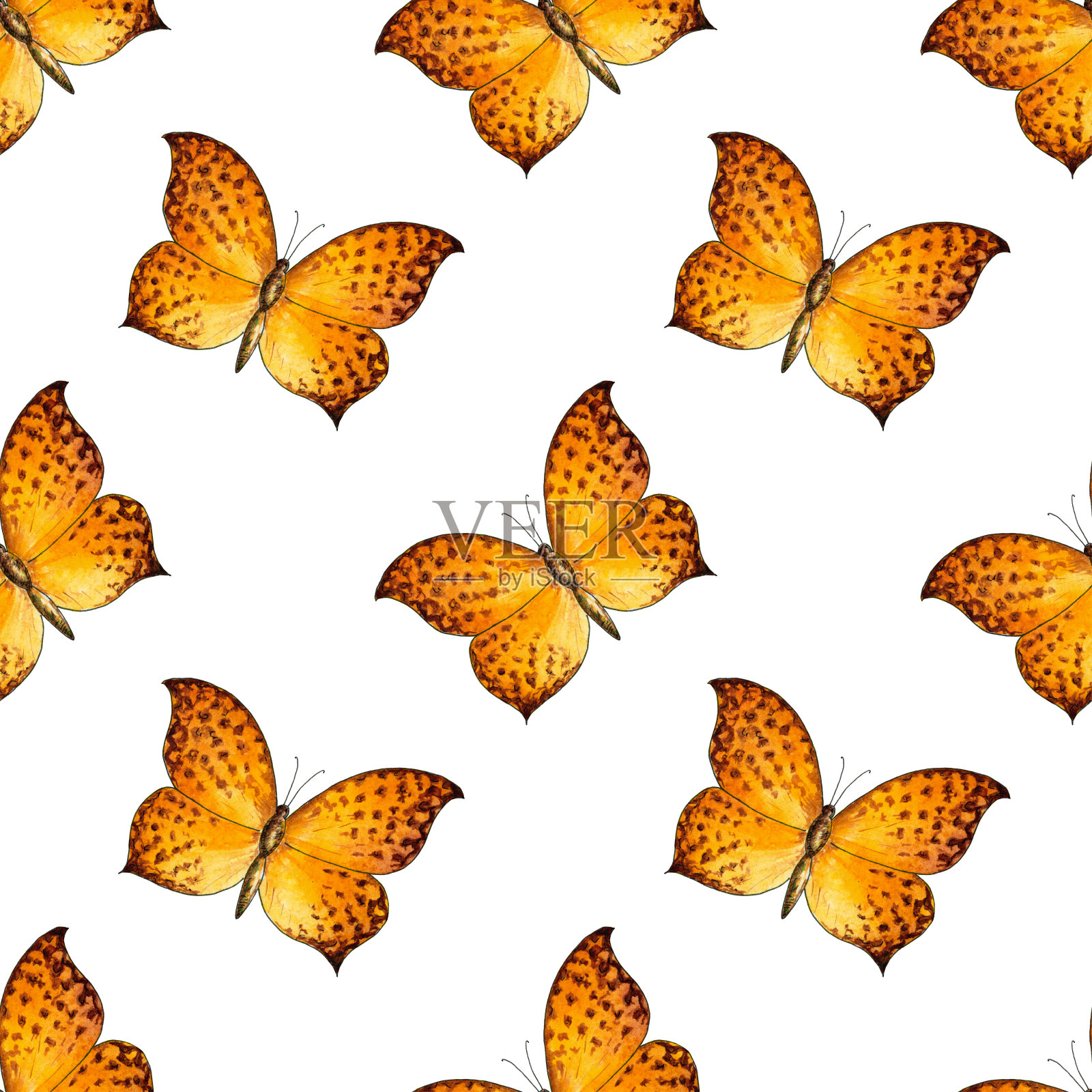 手绘水彩无缝图案与橙黄色蝴蝶在白色的背景。插画图片素材