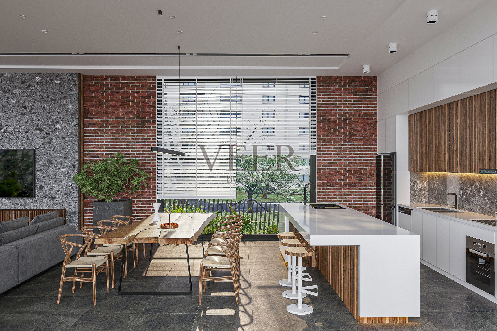 一个简单而经典的木制餐厅设置,有台面和凳子,辅以自然光照片摄影图片