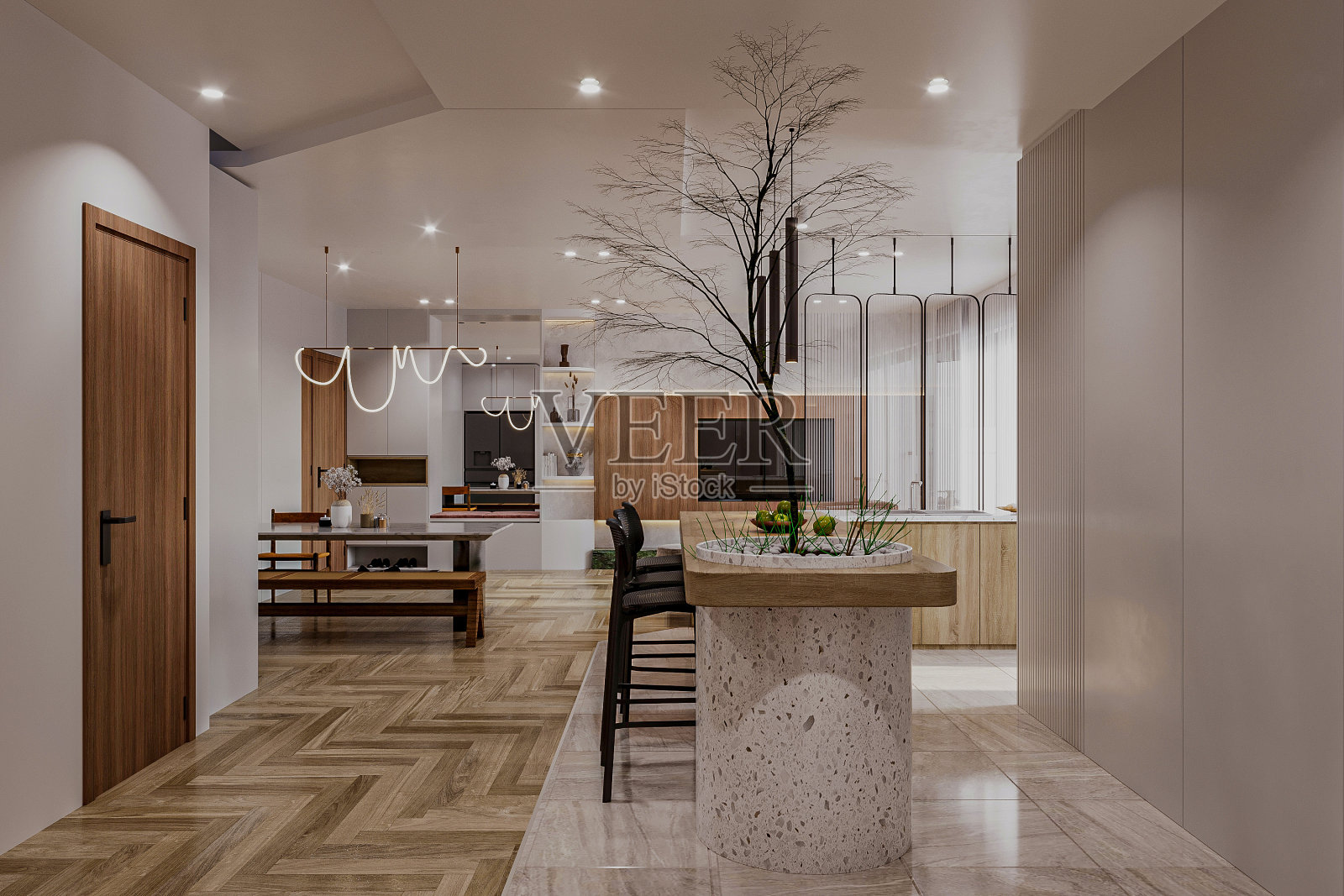 开放的起居区域拥有令人愉快和明亮的白色和木制元素的内部照片摄影图片