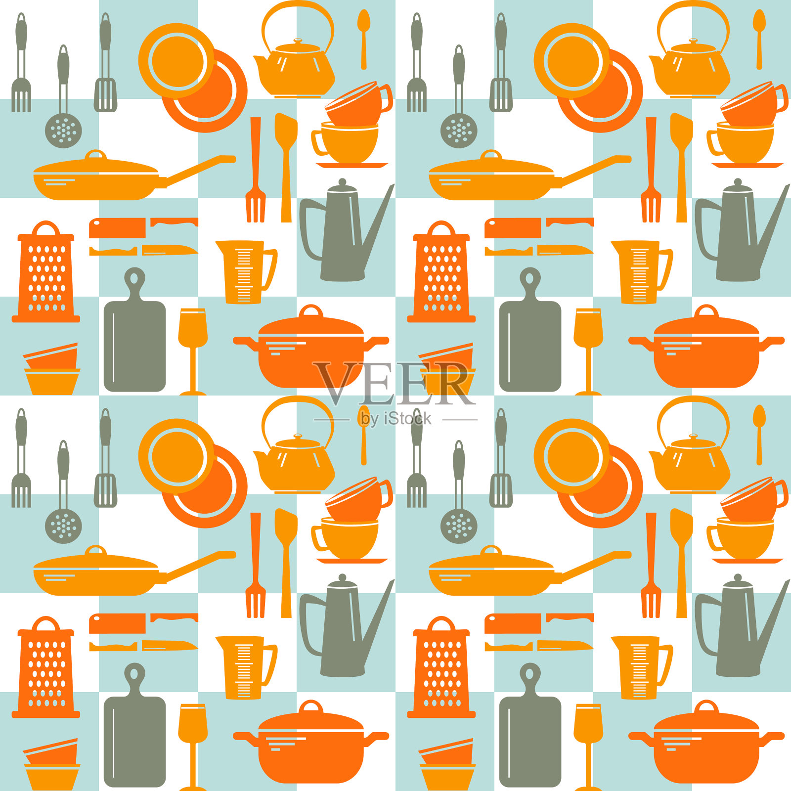 无缝矢量模式的厨房用具和盘子一个方格的背景插画图片素材