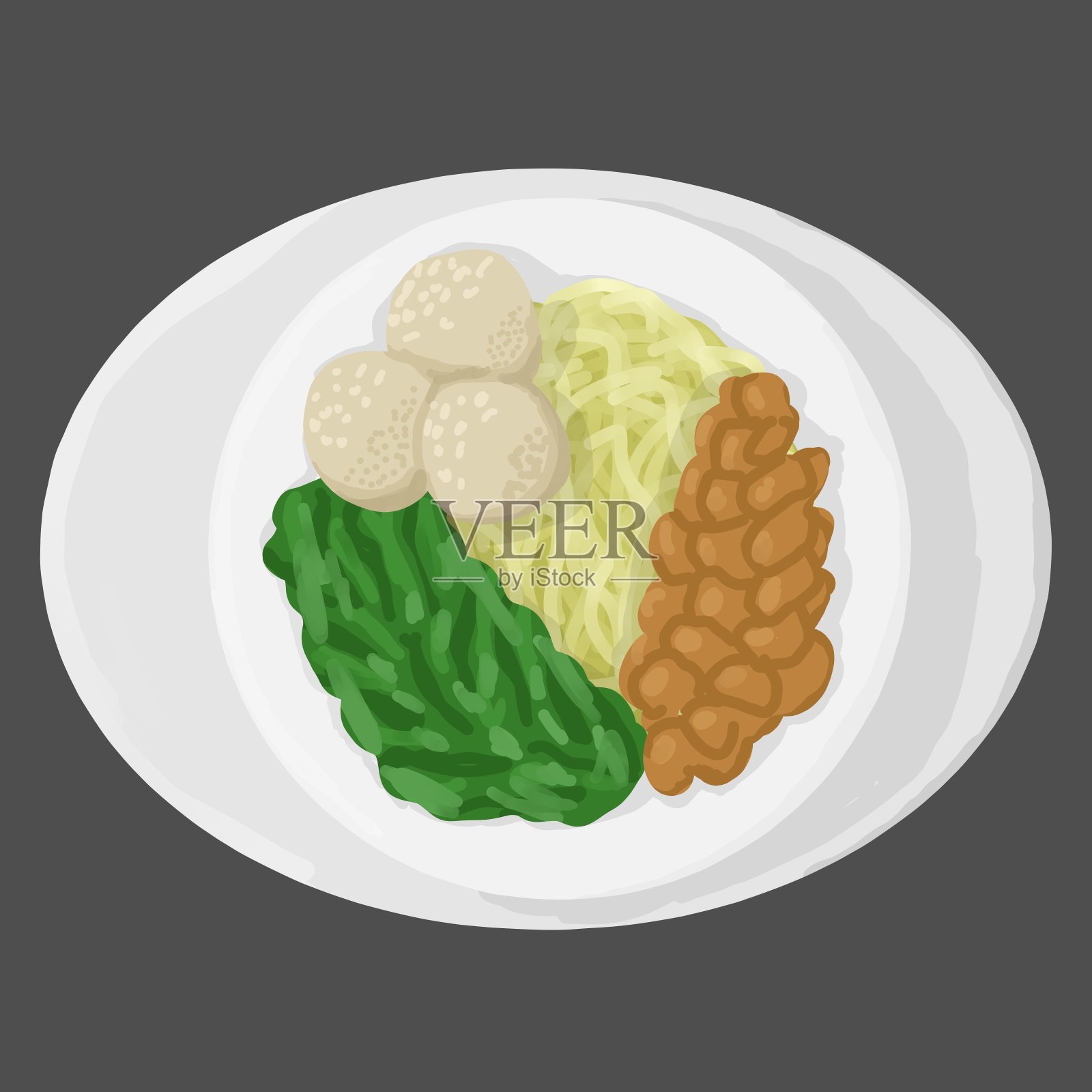 鸡肉面配肉丸和青菜,看起来很好吃插画图片素材