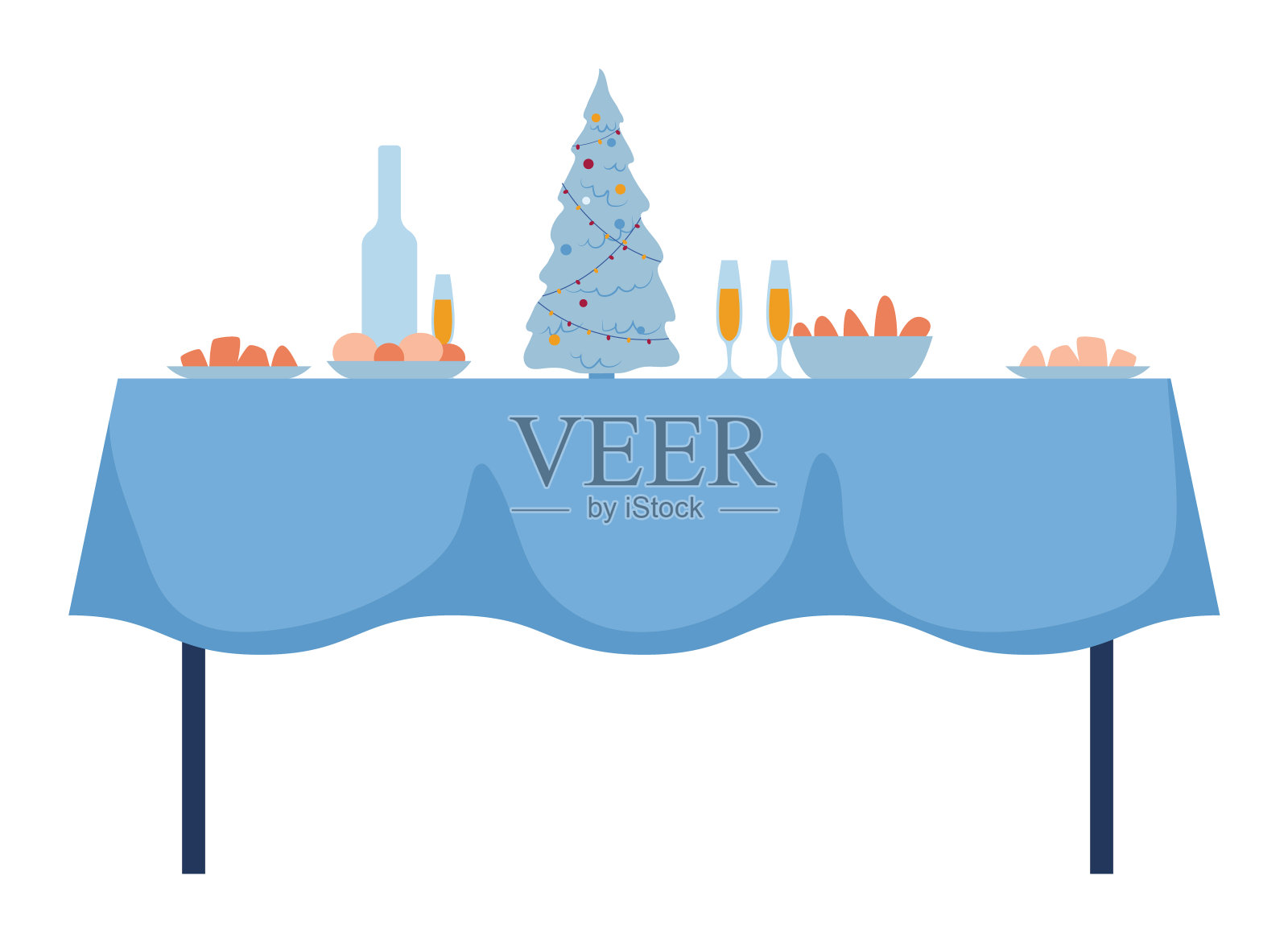 喜庆的餐桌装饰着圣诞大餐,蓝色的桌布。晚餐准备包括香槟插画图片素材