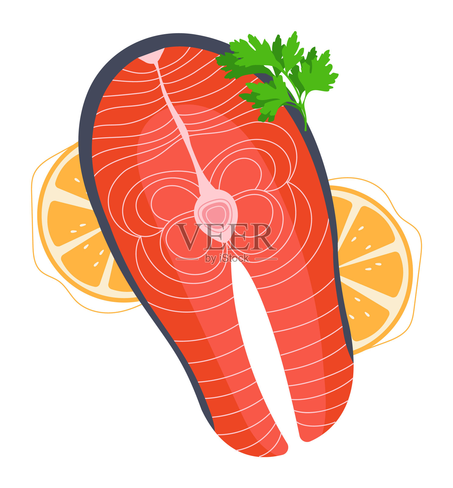 1. 新鲜鲑鱼片牛排配以欧芹柠檬片孤立的白色背景。红色的鱼插画图片素材