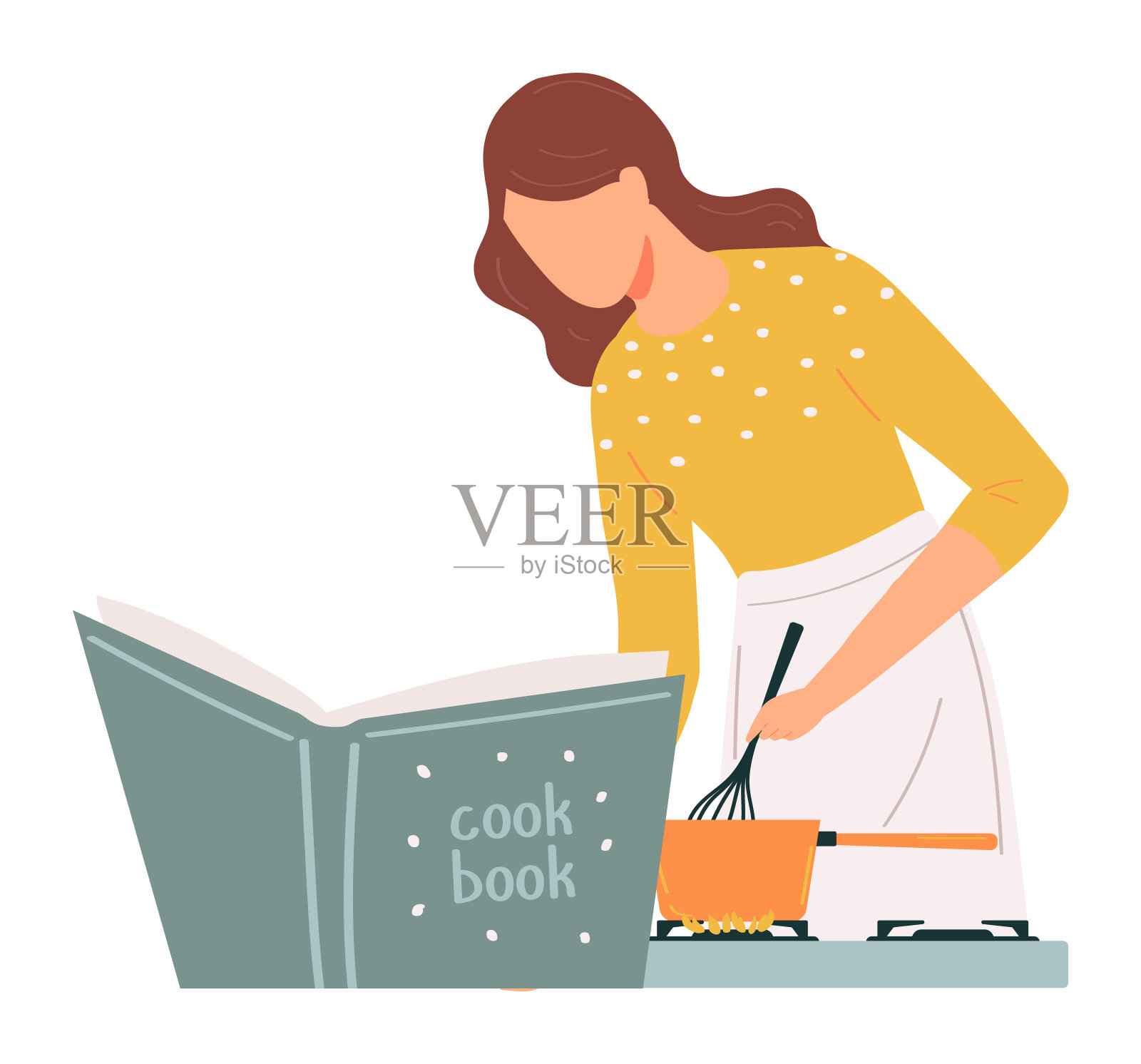 妇女烹饪以下食谱烹饪书。女厨师准备饭菜阅读烹饪书厨房插画图片素材