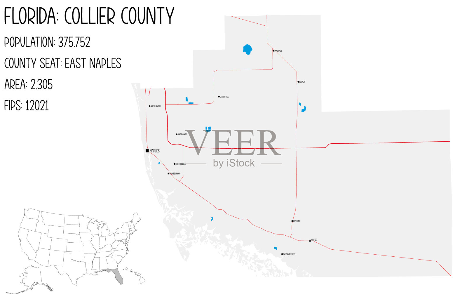 美国佛罗里达州科利尔县的大而详细的地图。插画图片素材