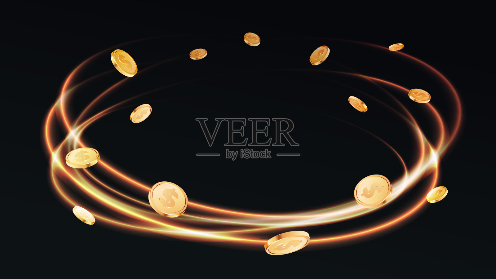 漩涡的硬币在黑暗的背景。照片摄影图片