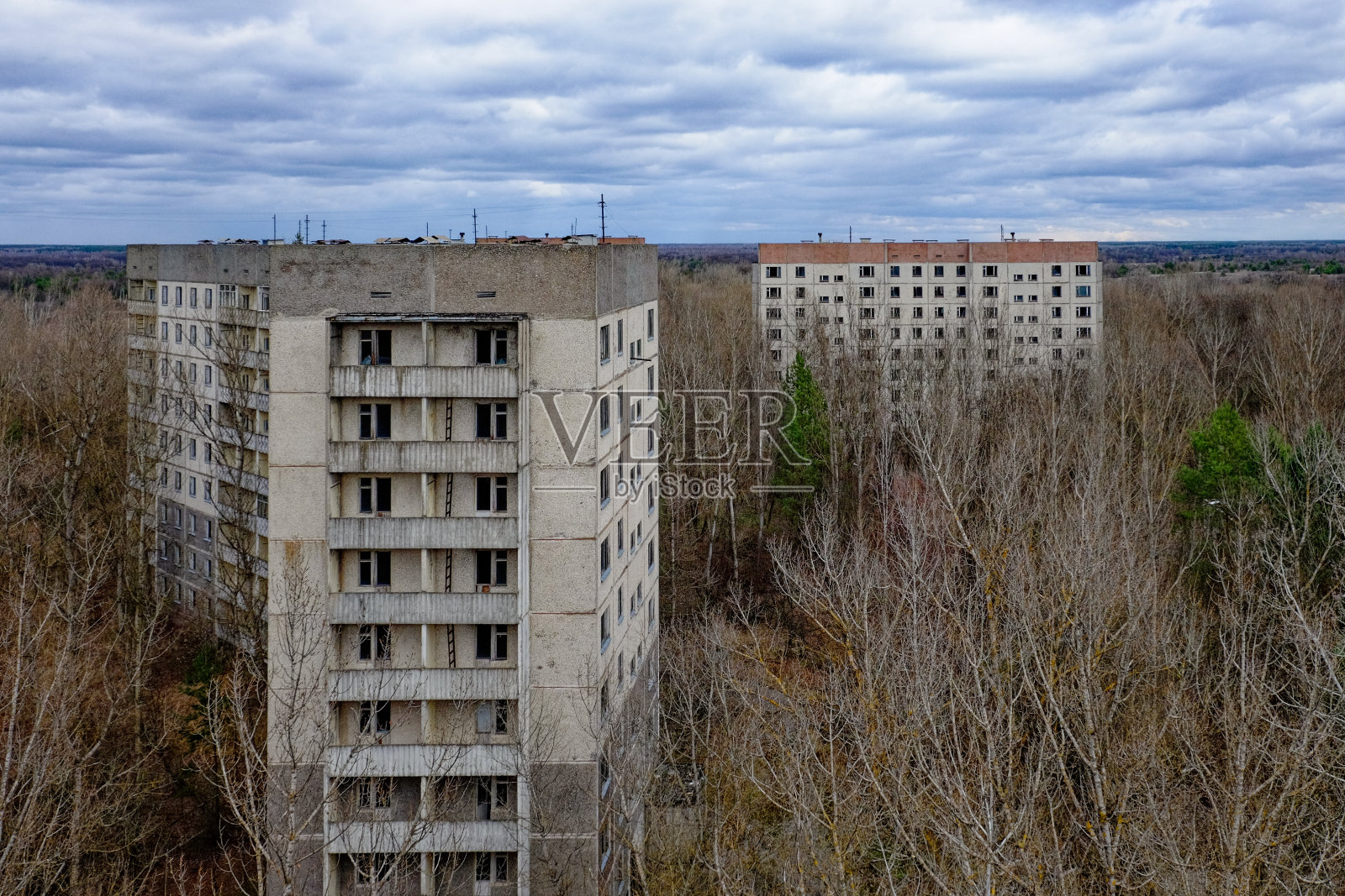 在多云的天空下,两座被杂草丛生的树木包围的废弃建筑。照片摄影图片