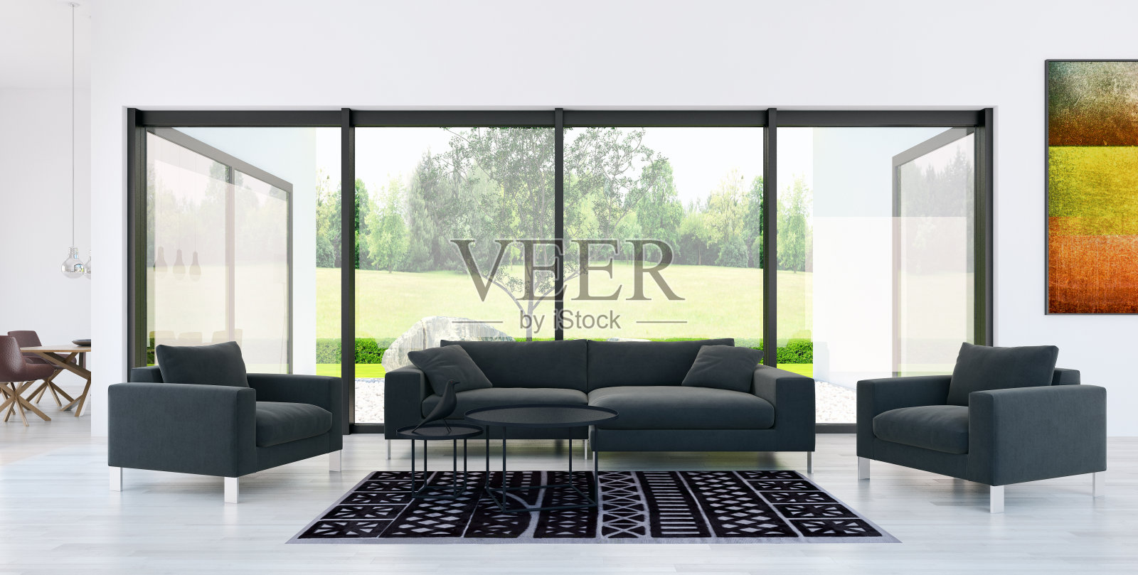 现代明亮的室内空间3D渲染插图照片摄影图片