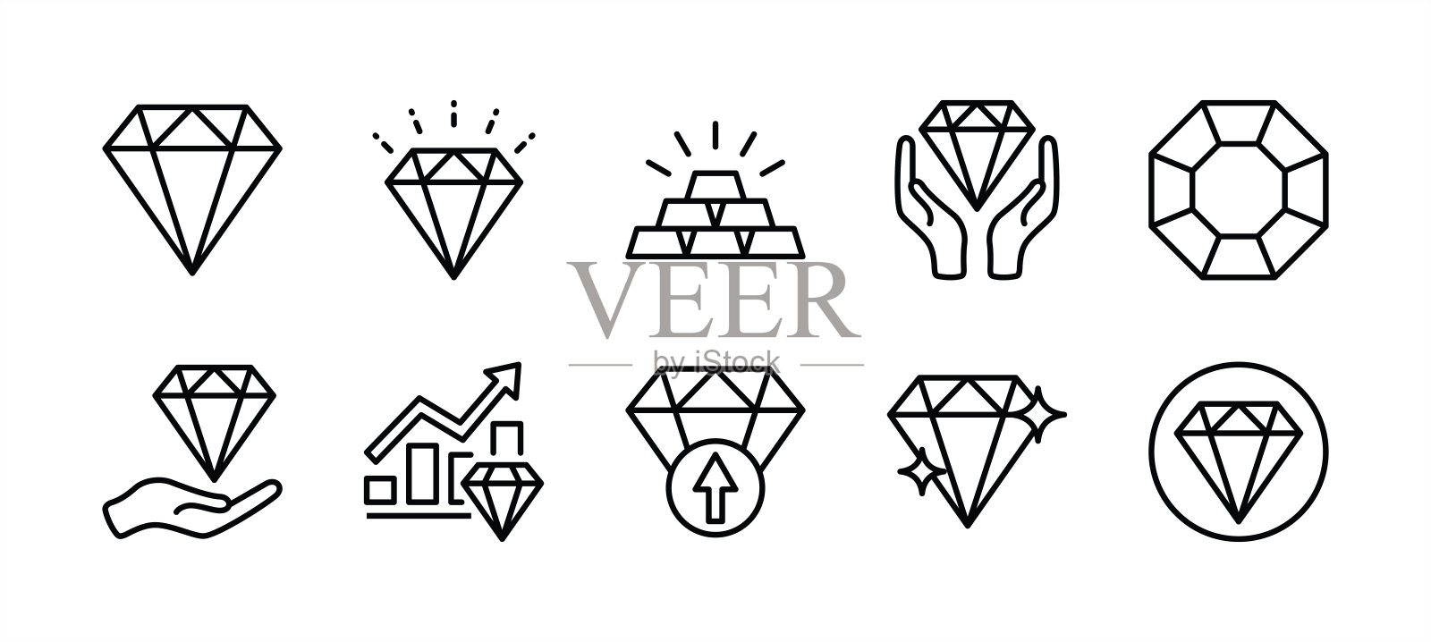 核心价值细线图标集。内含钻石、黄金、宝石、璀璨、宝石、珠宝、宝藏,财富增长。矢量图插画图片素材