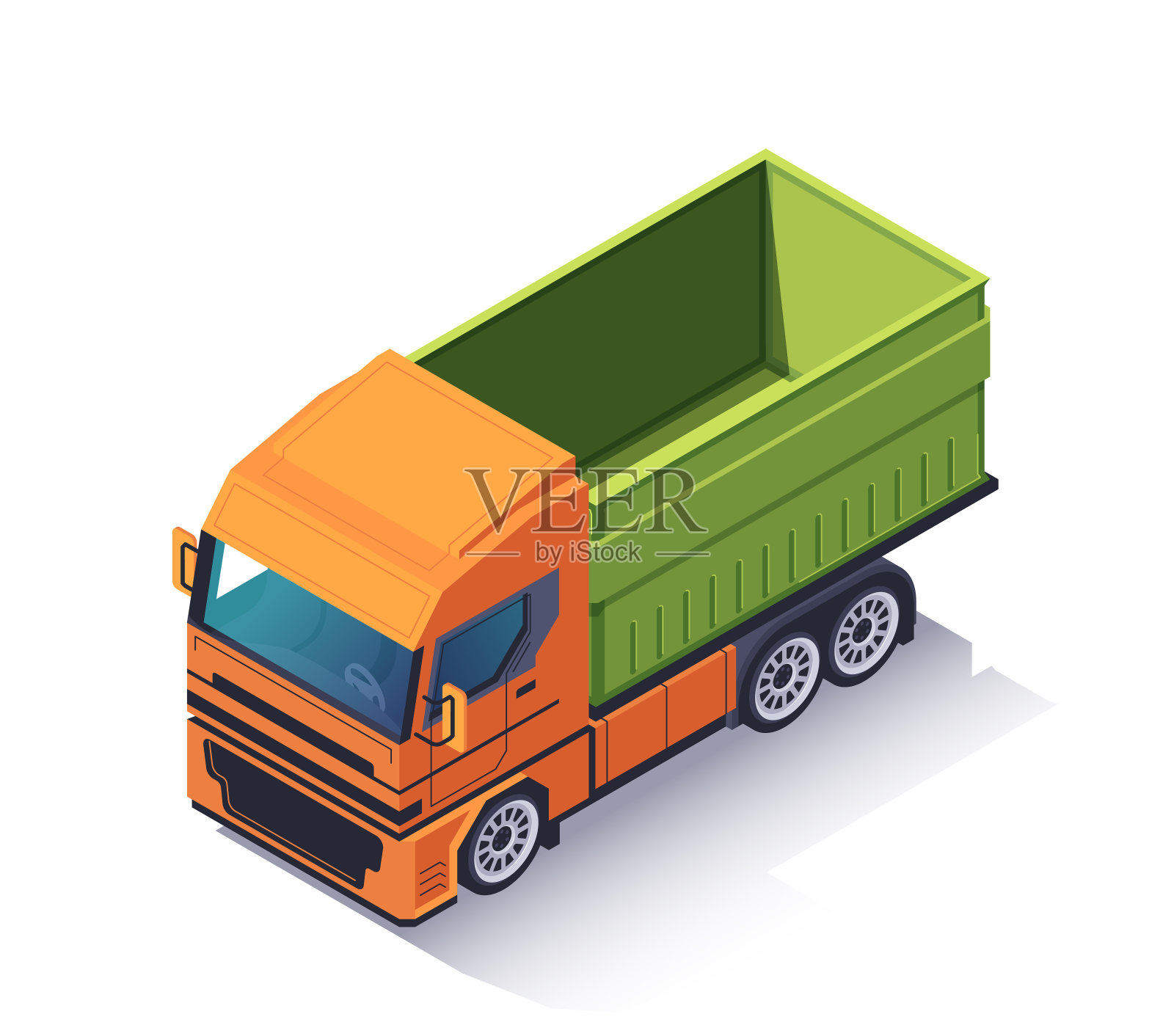 农用车等距图标。带拖车的卡车或带集装箱的自卸车。农业机械或工业运输。三维矢量图插画图片素材