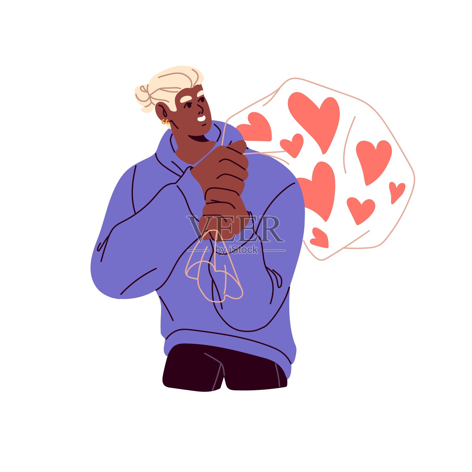 快乐的人肩上扛着一袋红心。浪漫的年轻人带着包的爱,温柔的感情。为情人节准备礼物的人。平面隔离矢量插图上的白色背景插画图片素材