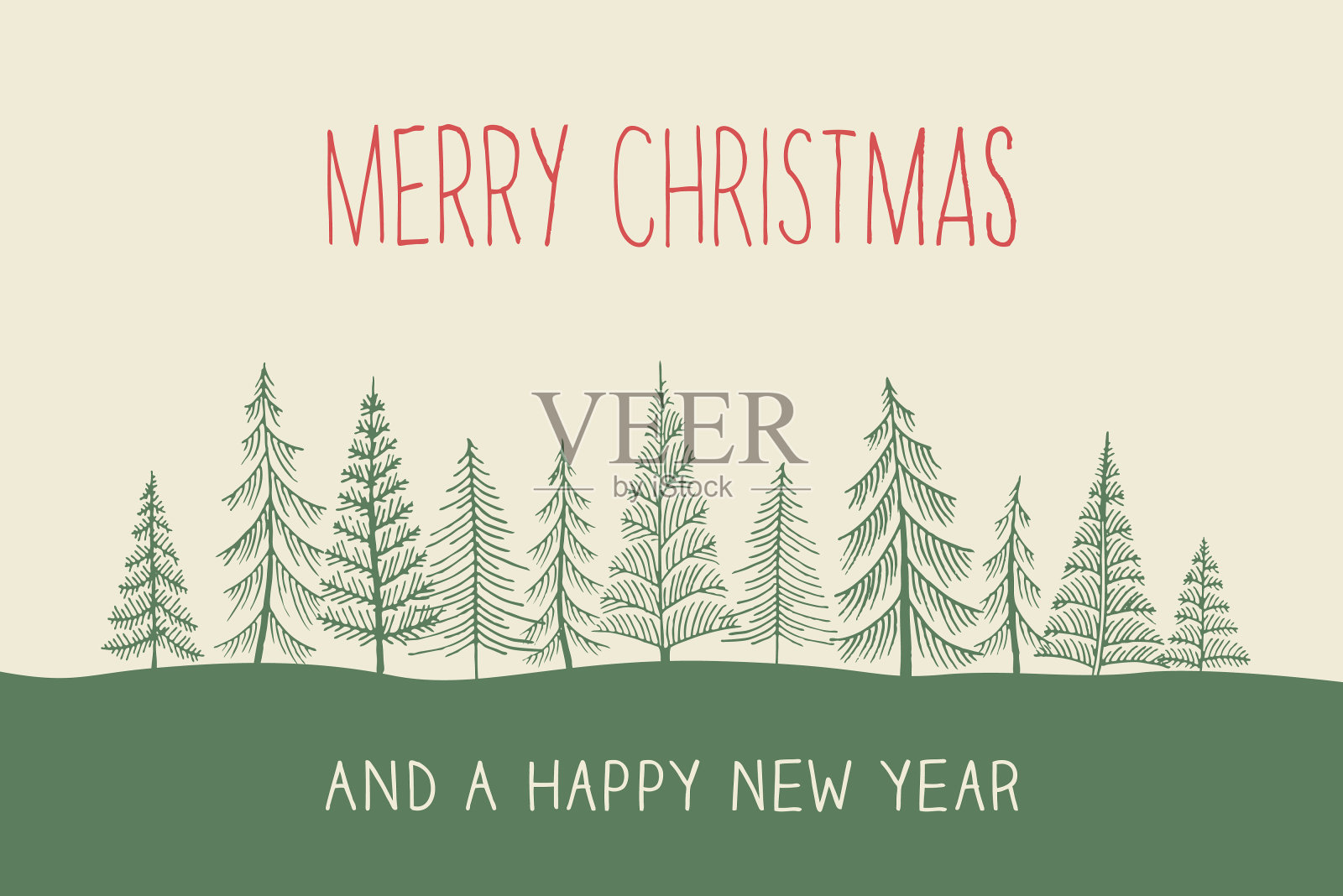 红色和绿色的圣诞树涂鸦卡片设计插画图片素材