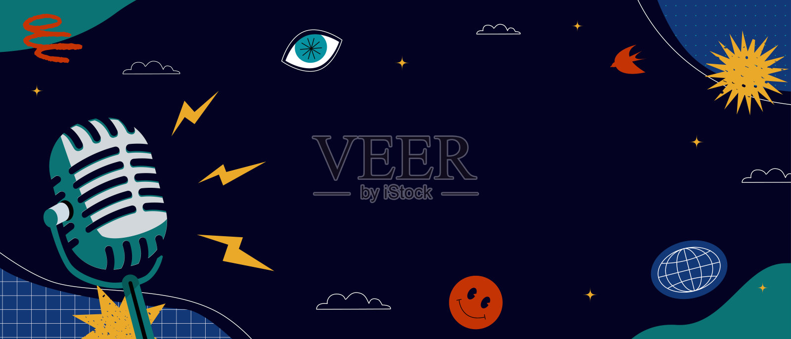 极简风格的彩色背景插图,复古麦克风,不同的设计元素,纹理形状的播客。插画图片素材