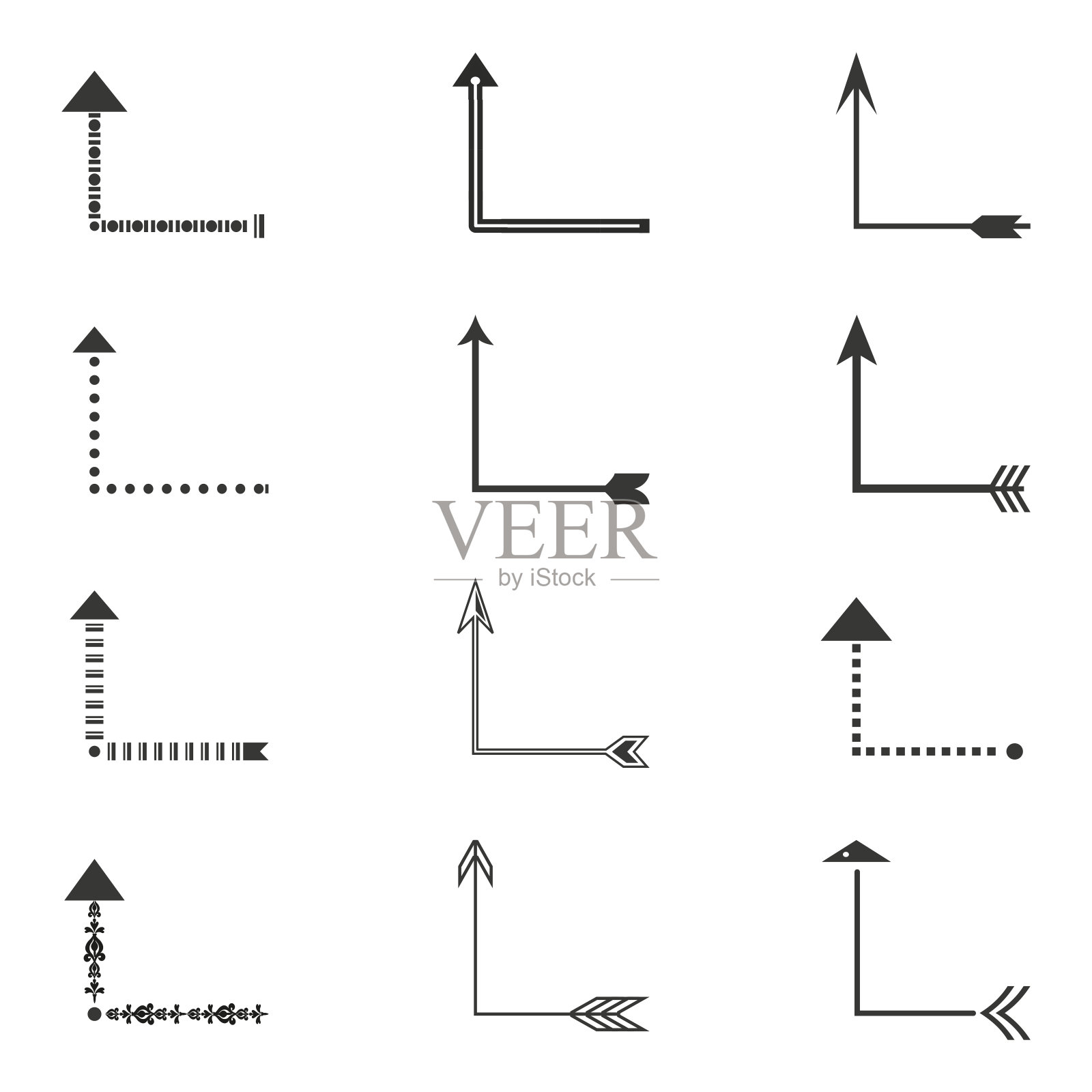 各种风格的黑白直角箭头的集合。箭头有不同的图案和设计,强调方向和成长。设置在白色背景上。插画图片素材