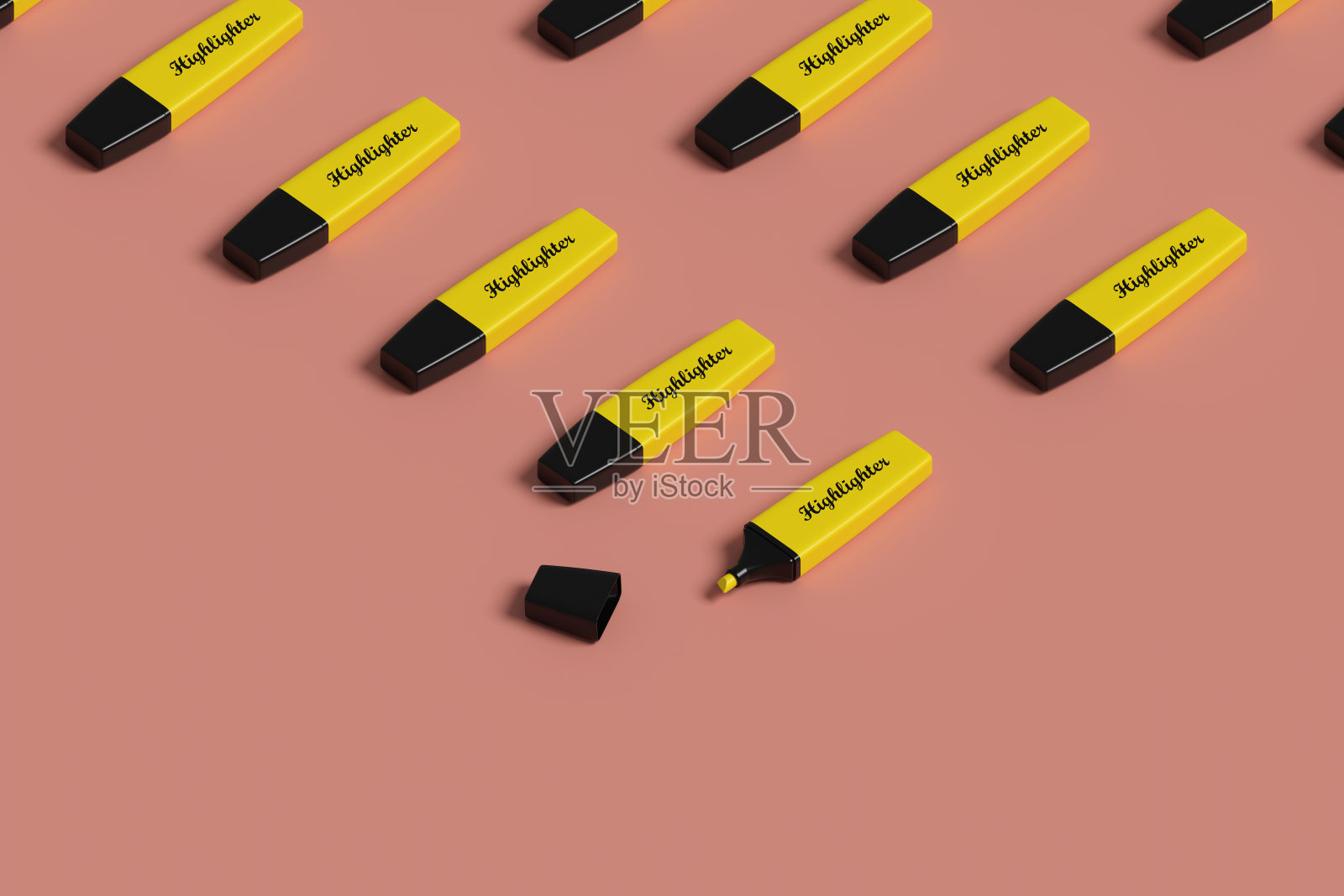 黄色高光笔等距图案。3 d演示。照片摄影图片