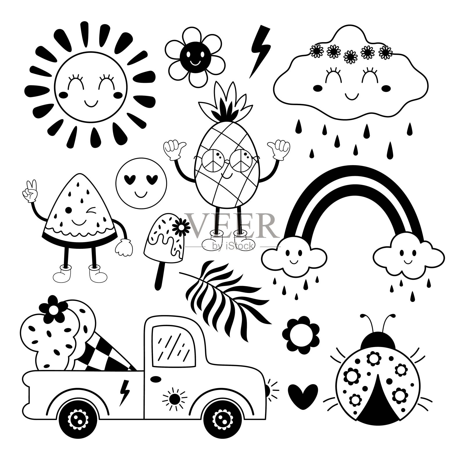 复古的夏季剪贴画。绝妙的夏日气息剪贴画。你好,夏天的剪贴画在卡通平面风格。黑色和白色的夏天。手绘矢量插图。插画图片素材