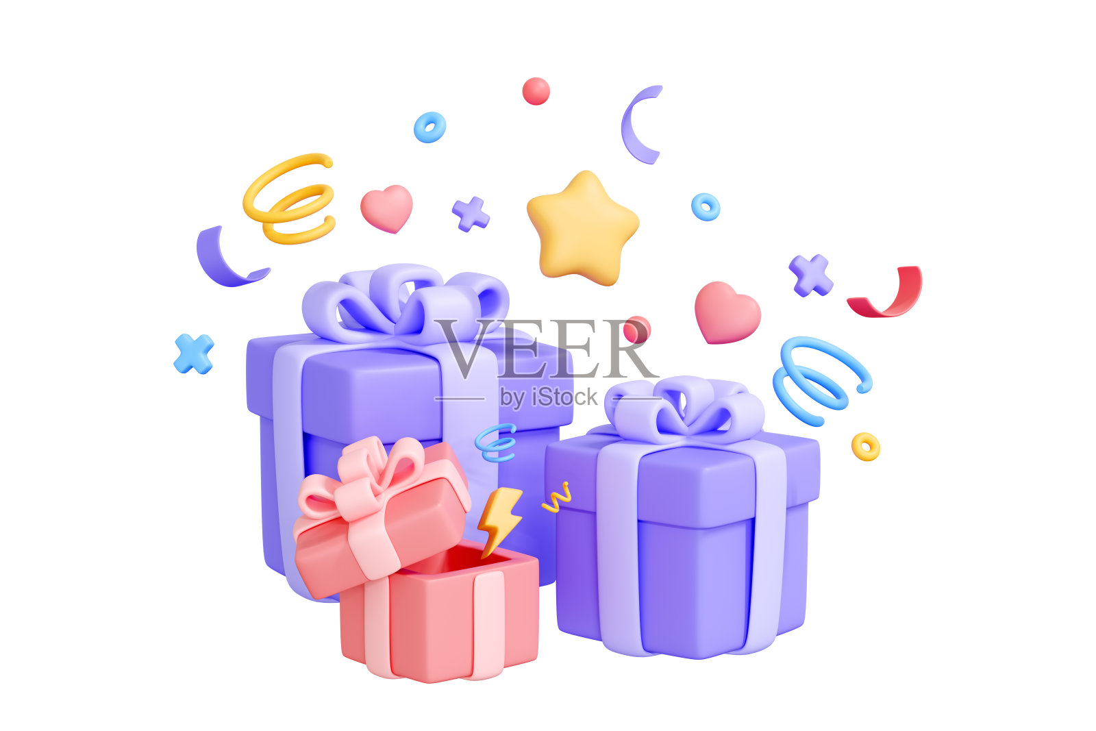 三个紫色礼盒,白色背景上有一个粉红色的蝴蝶结。三维渲染照片摄影图片