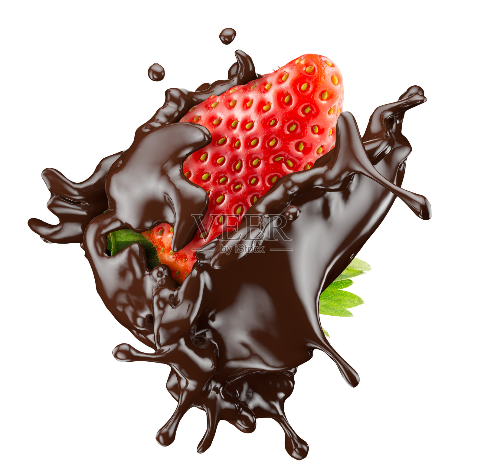 草莓在巧克力飞溅孤立在白色背景。剪切路径。三维渲染照片摄影图片
