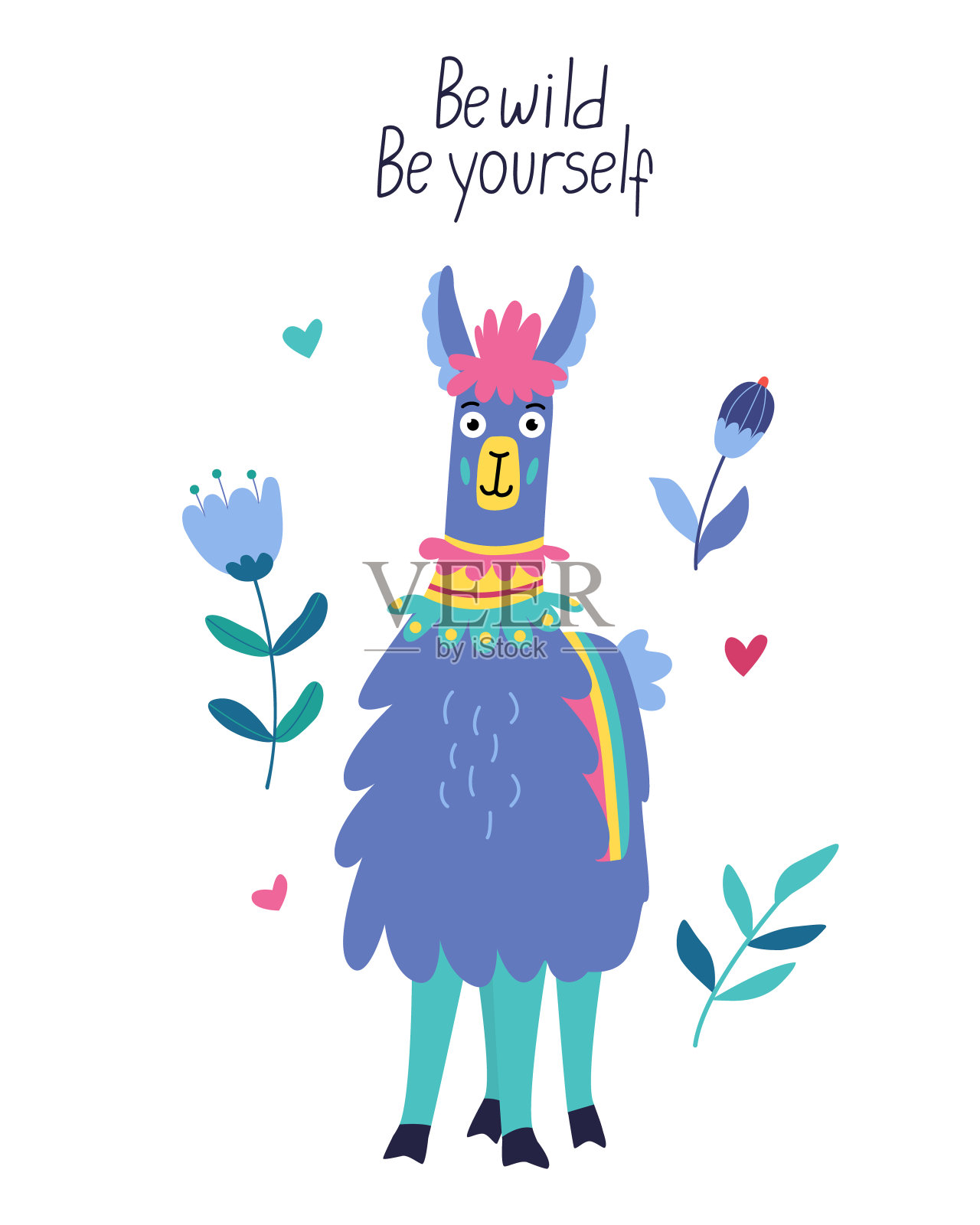 印有明亮喇嘛和鲜花的激励卡。矢量插图在平面风格和野生是自己手绘的字母插画图片素材