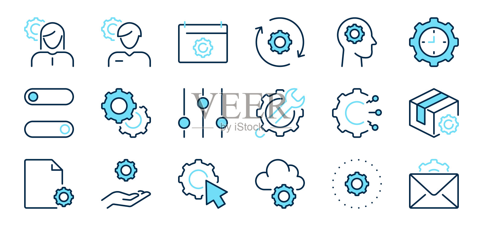 设置线条颜色蓝色图标集2。齿轮、安全、保护标志、标志。插画图片素材