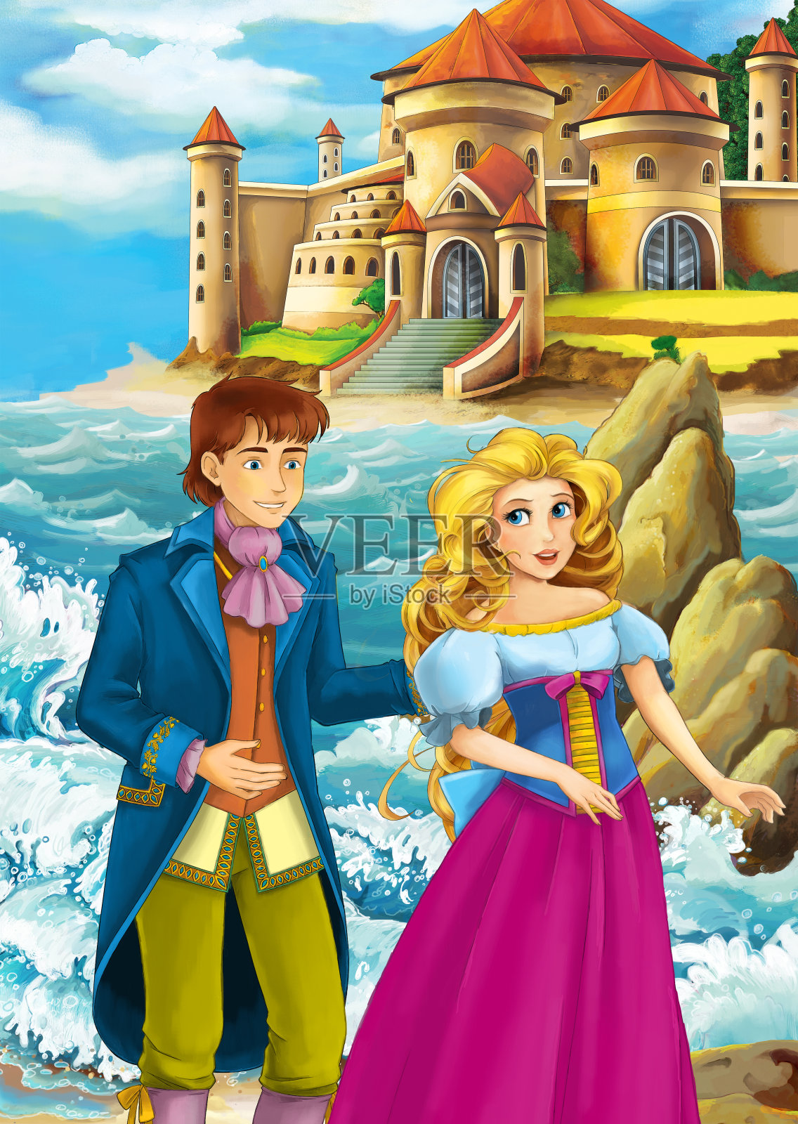 卡通场景与大海或海洋和相爱的夫妇王子和公主或国王和王后在海岸附近的城堡会见人类插图儿童插画图片素材