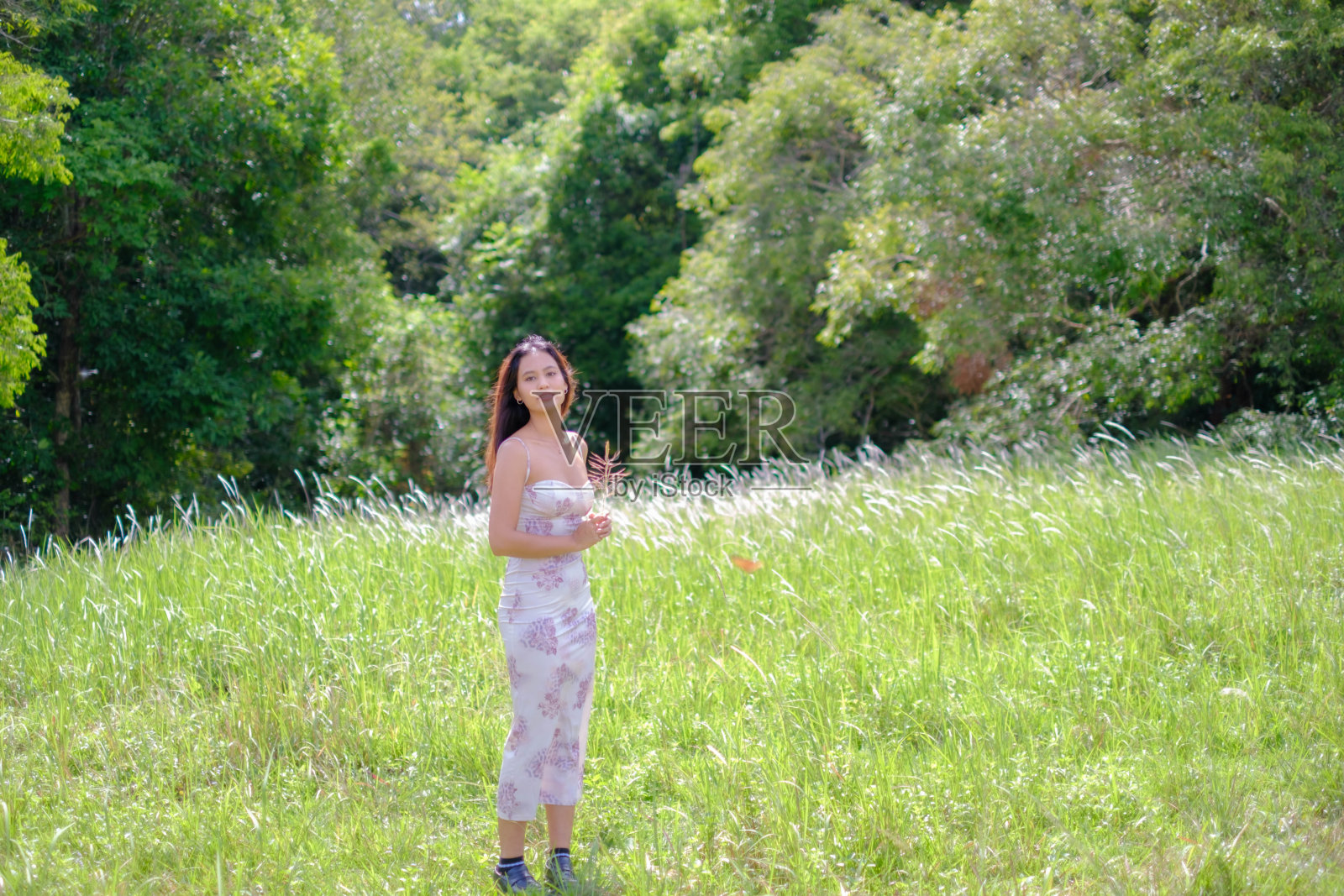 一位年轻的亚洲女子走在花丛中。照片摄影图片