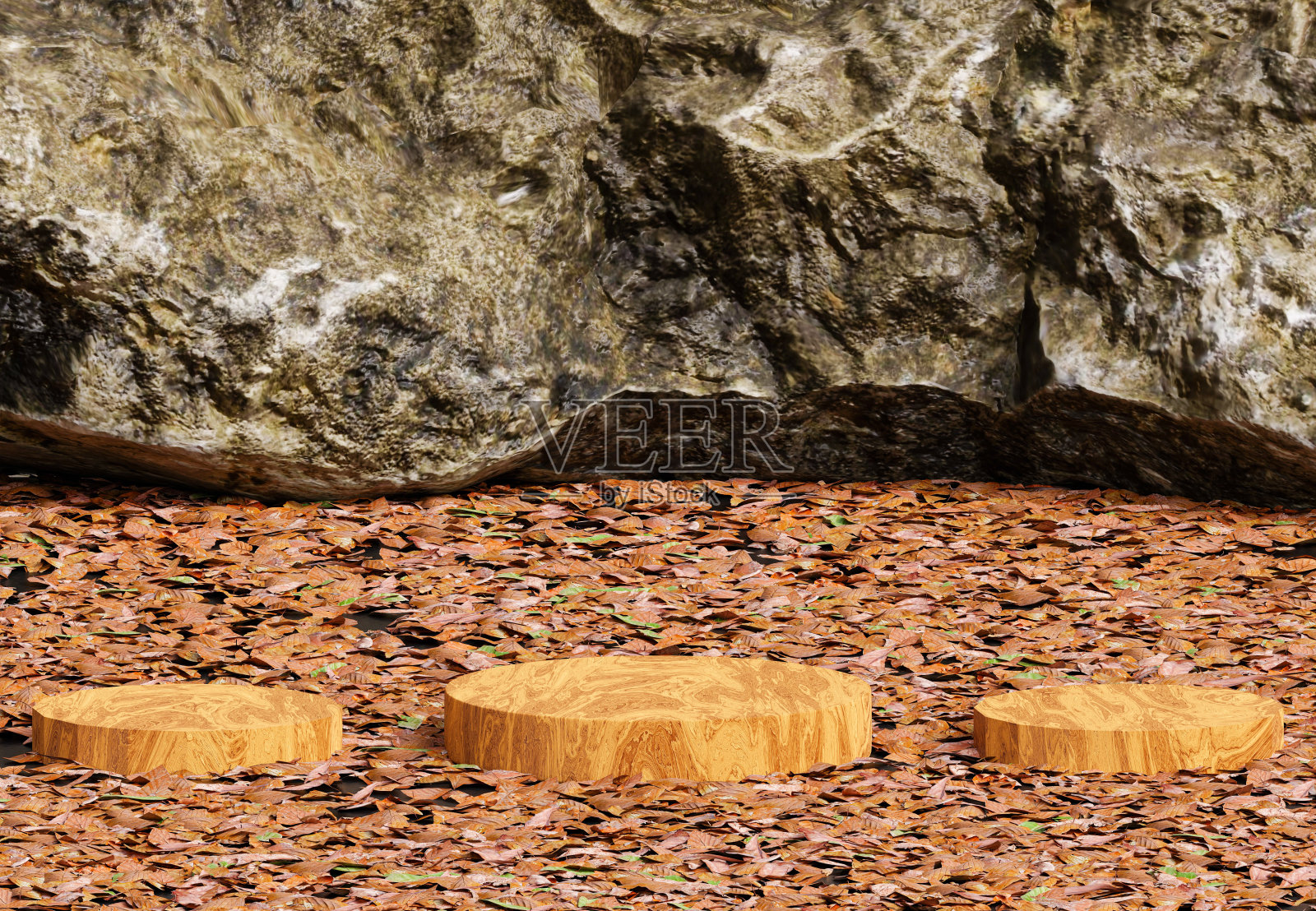 木质砧板上放着一堆干树叶照片摄影图片