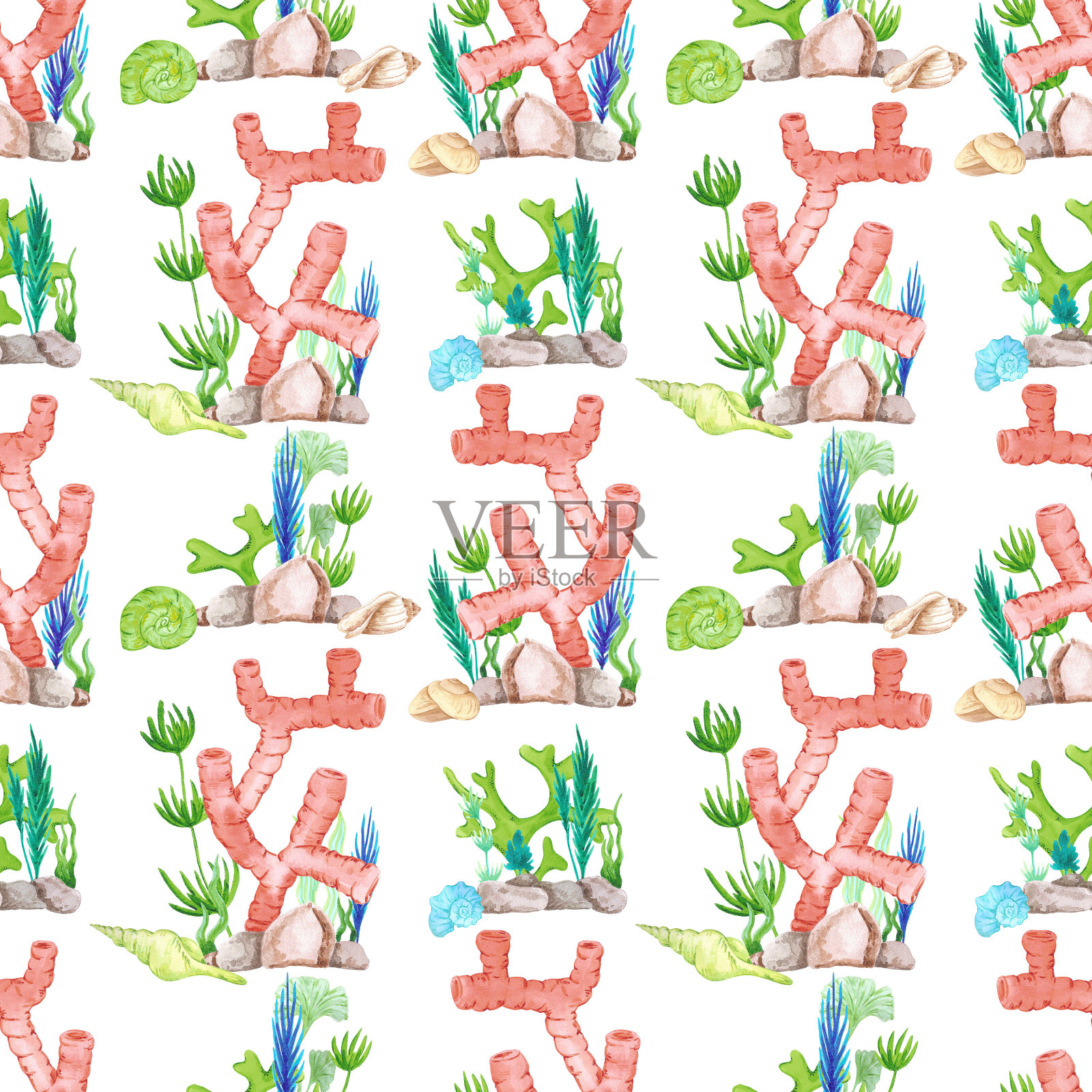 手绘水彩珊瑚和贝壳无缝图案隔离在白色背景。海洋插图可用于纺织、织物、包装等印刷品。插画图片素材