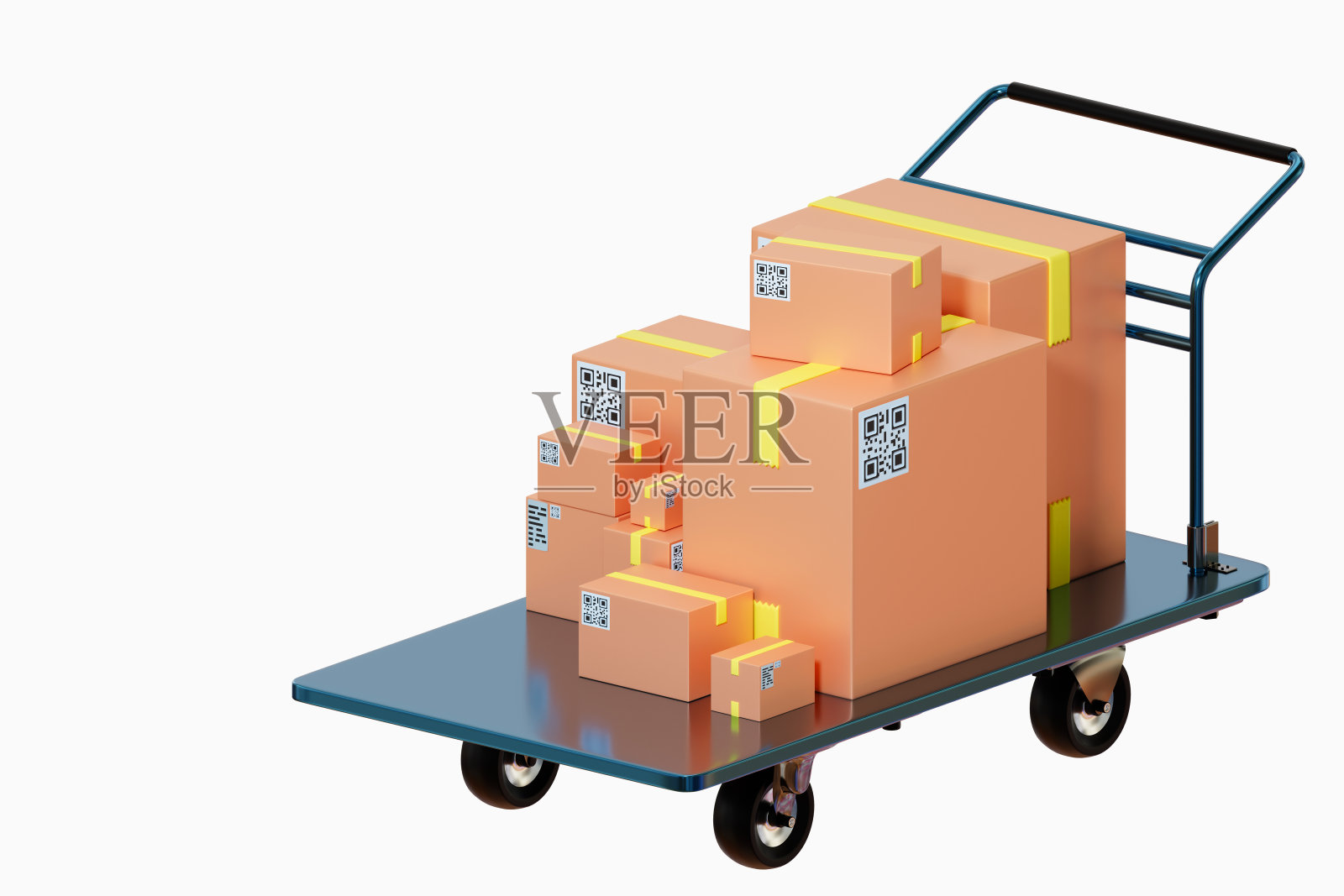 仓库的手推车上有箱子。手推车比喻运送货物。带二维码的快递包裹。包裹递送。小车上的包裹被隔离在白色。邮政业务设备。3 d图像。照片摄影图片
