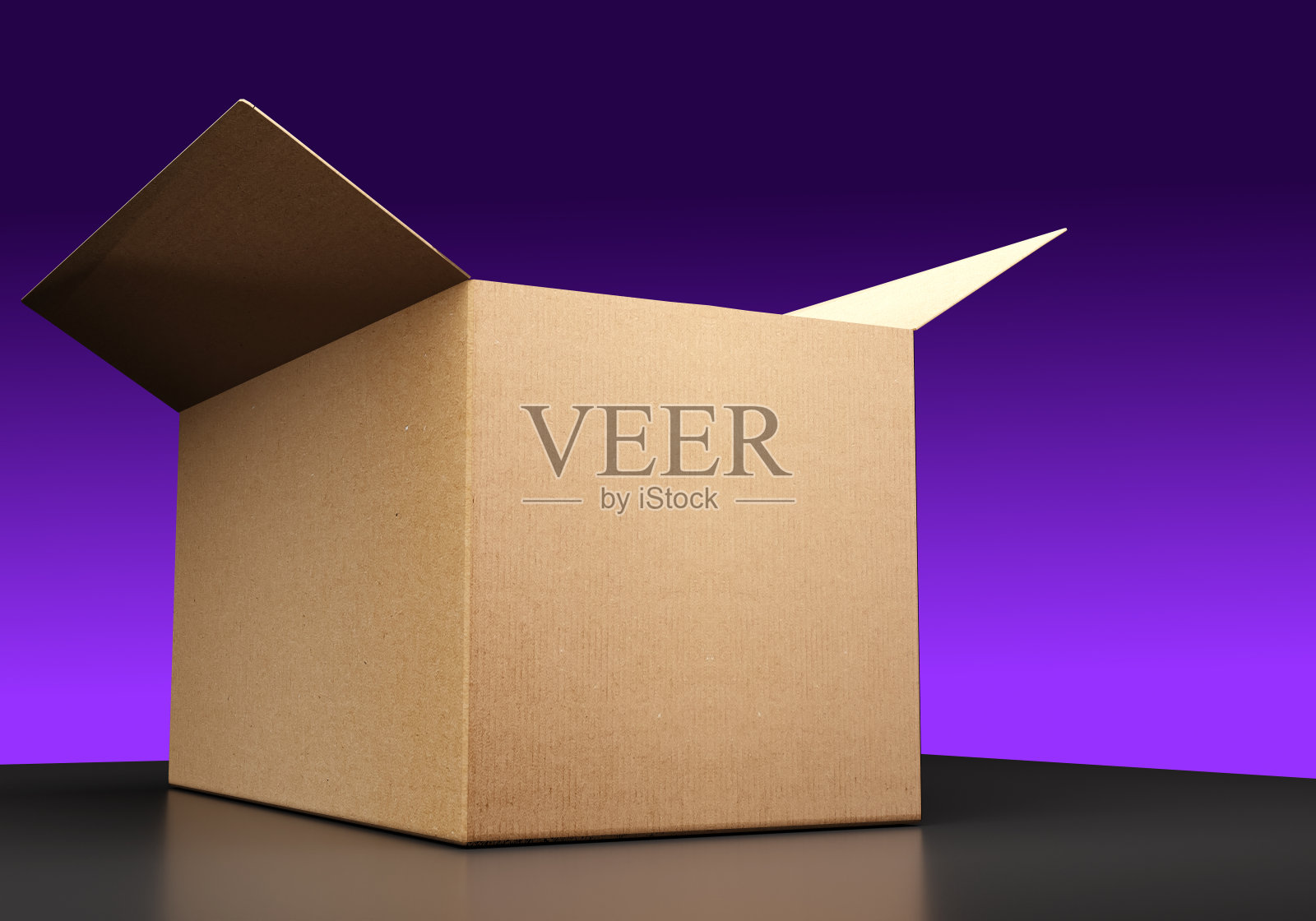 打开纸板箱。纸板箱包装包裹。惊喜开箱概念。在紫色背景上打开盒子。隐喻包装材料。可视化cardbox。3 d渲染。照片摄影图片