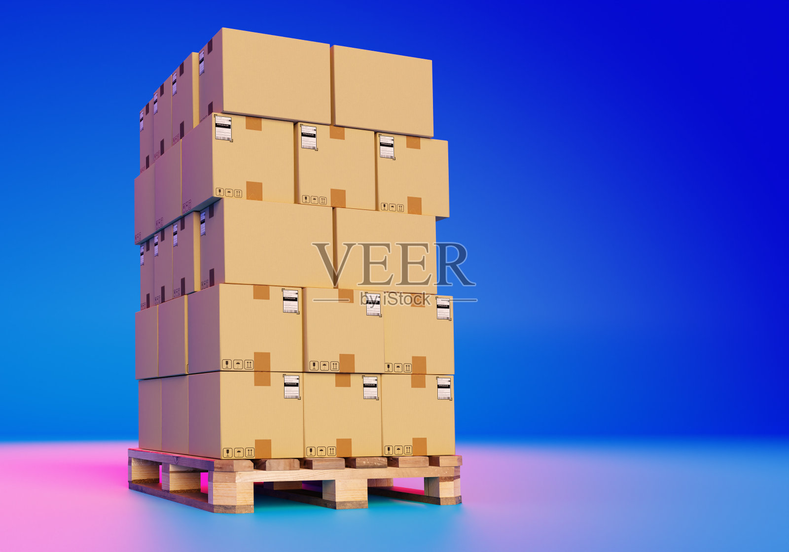 托盘上的箱子。在线订单物流概念。箱子已经准备好,可以运输了。FBS标签作为网上零售的象征。零售业中的包裹物流。蓝色背景上的盒子。3 d渲染。照片摄影图片