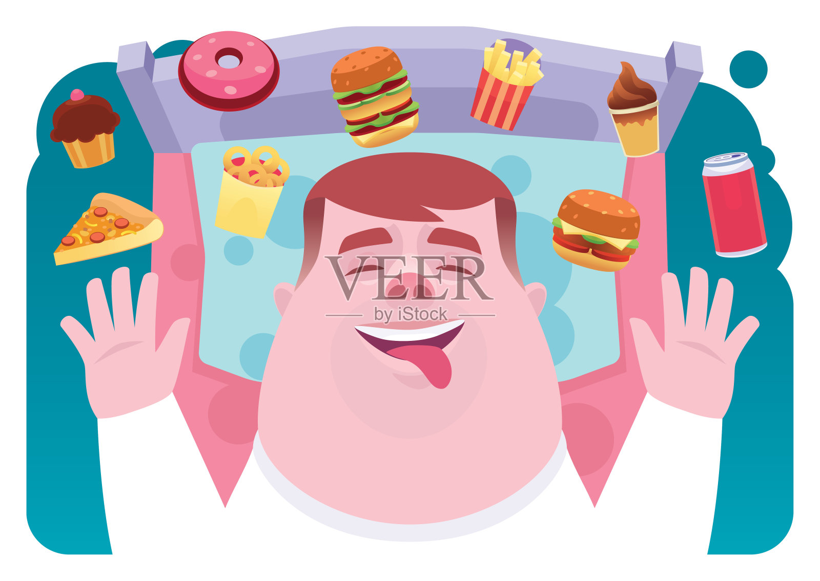 胖子睡在床上,从梦中找到垃圾食品插画图片素材