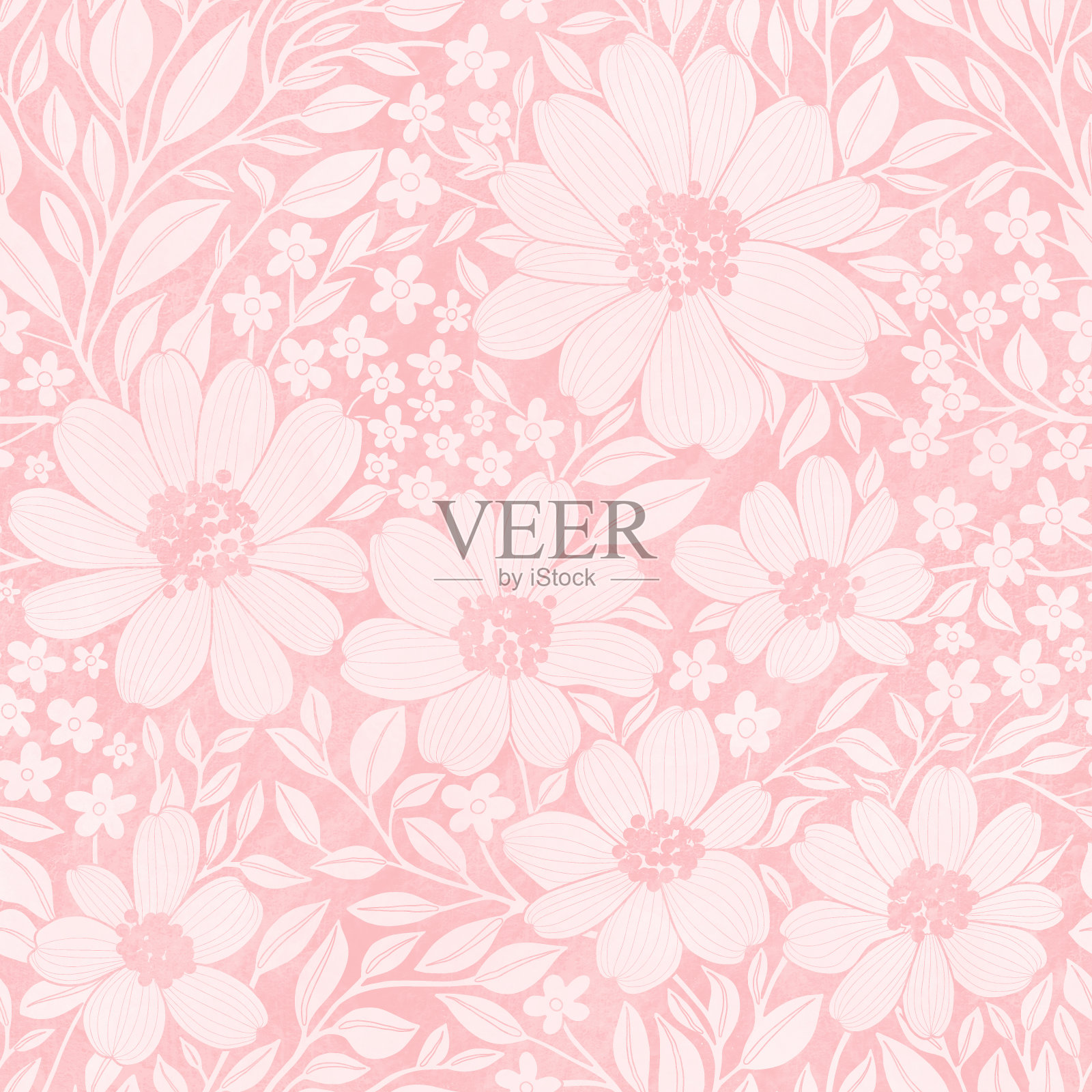 粉彩浅粉色花朵和叶子的花卉无缝图案插画图片素材