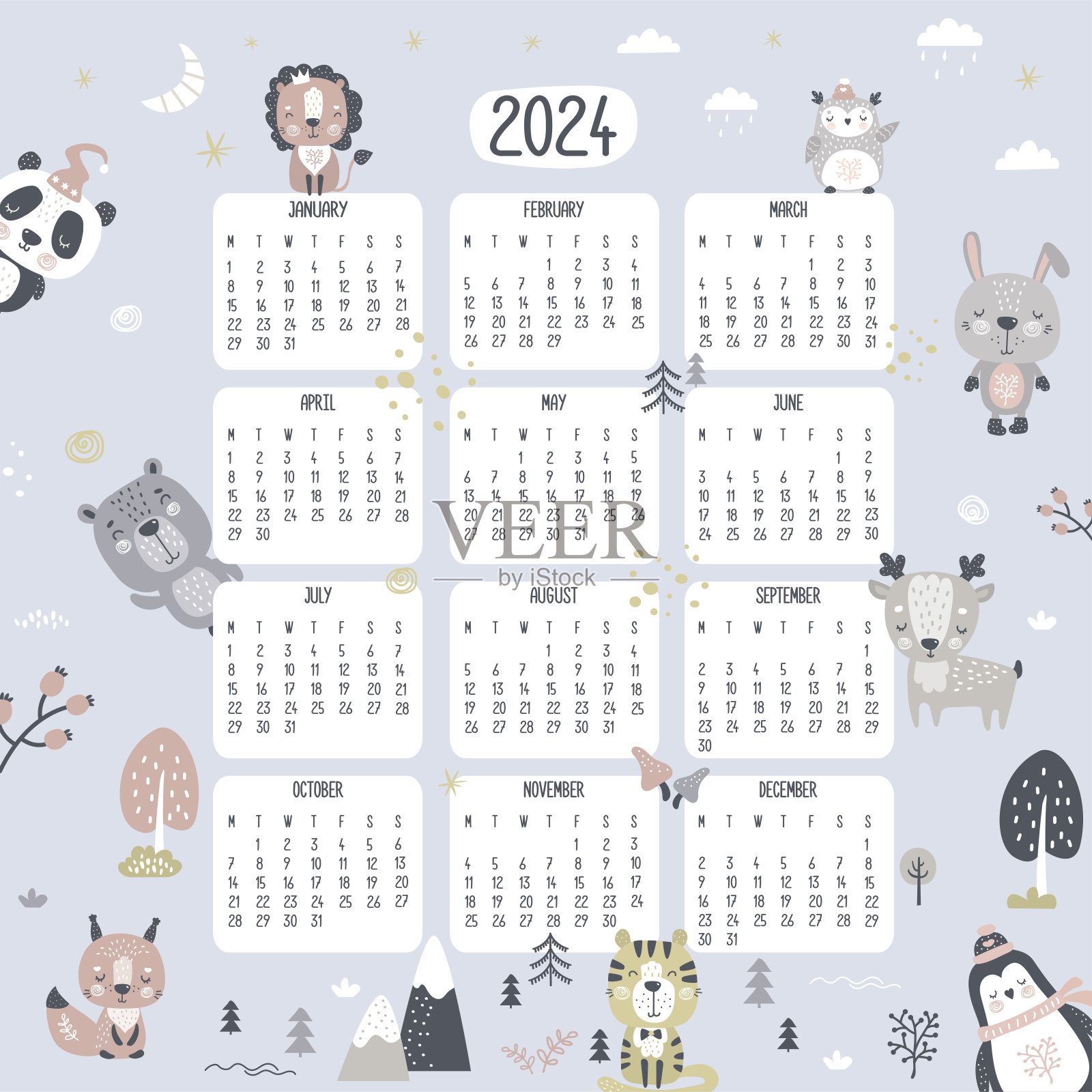 日历2024与可爱的涂鸦动物在斯堪的纳维亚风格。日历网格模板,星期一开始。森林野生动物。各种手绘野生动植物。可打印名片。插画图片素材