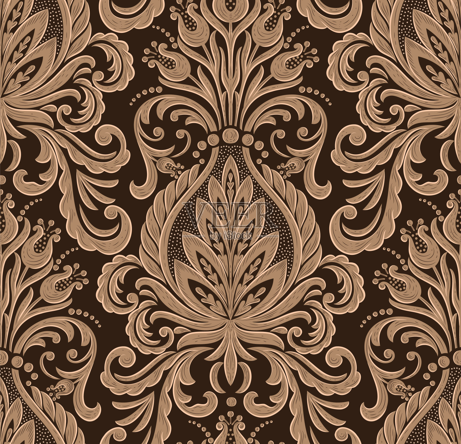 锦缎无缝图案背景。矢量古典豪华老式锦缎装饰,皇家维多利亚无缝纹理。复古精致的花卉巴洛克模板。插画图片素材