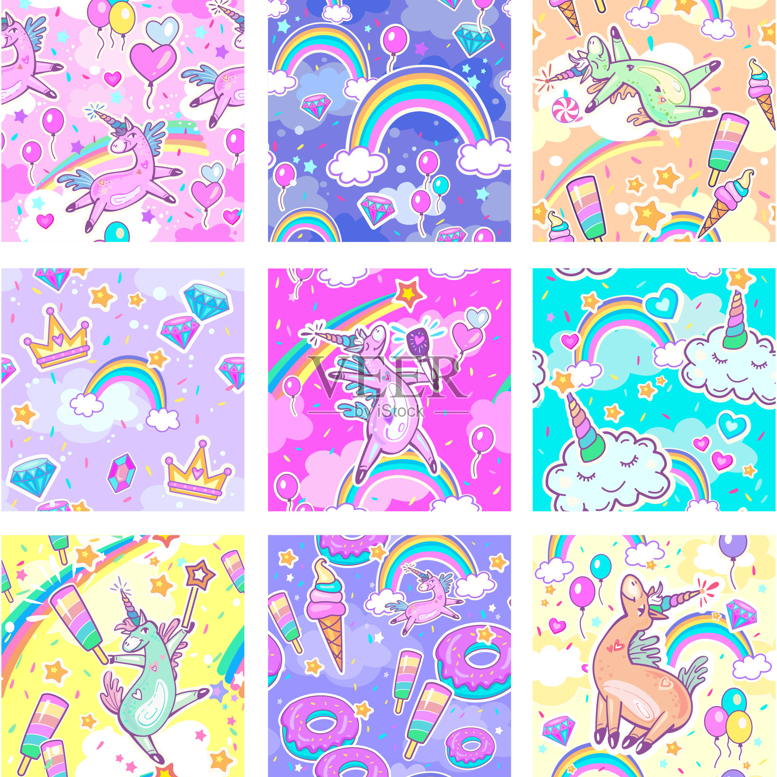可爱的无缝图案与独角兽设计的时尚图形,t恤,印刷品,海报插画图片素材