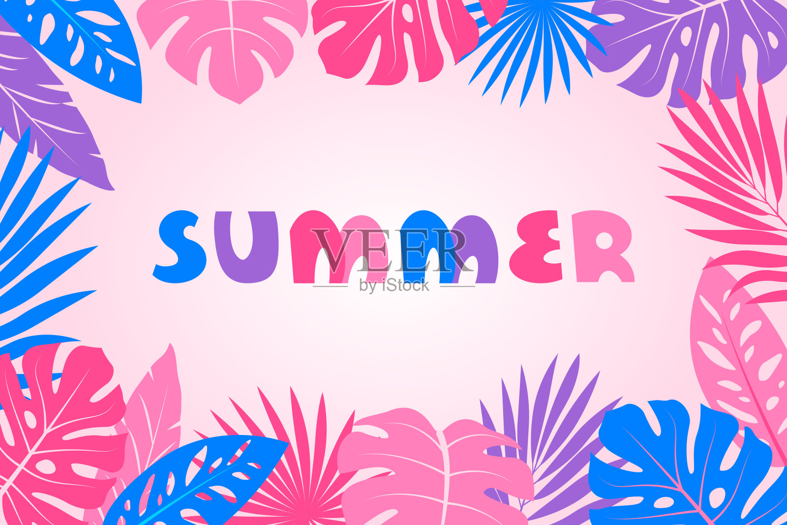 夏天的横幅设计与异国情调的热带棕榈和怪物叶粉红色的背景插画图片素材