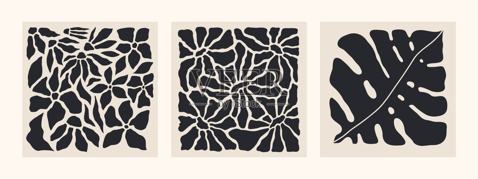 抽象的groovy花卉广场海报。现代时髦的马蒂斯极简风格。手绘复古设计的壁纸,墙壁装饰,印刷品,明信片,封面,模板,横幅。黑色和米色插画图片素材