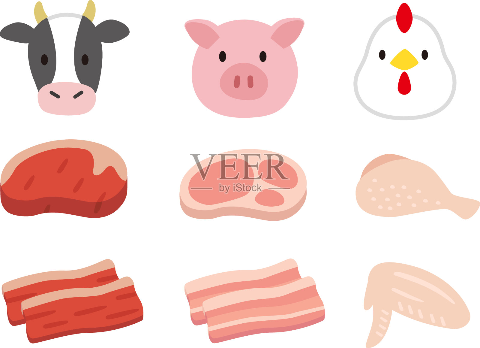 动物脸的图标与各自的肉。鸡肉、猪肉、牛肉插画图片素材