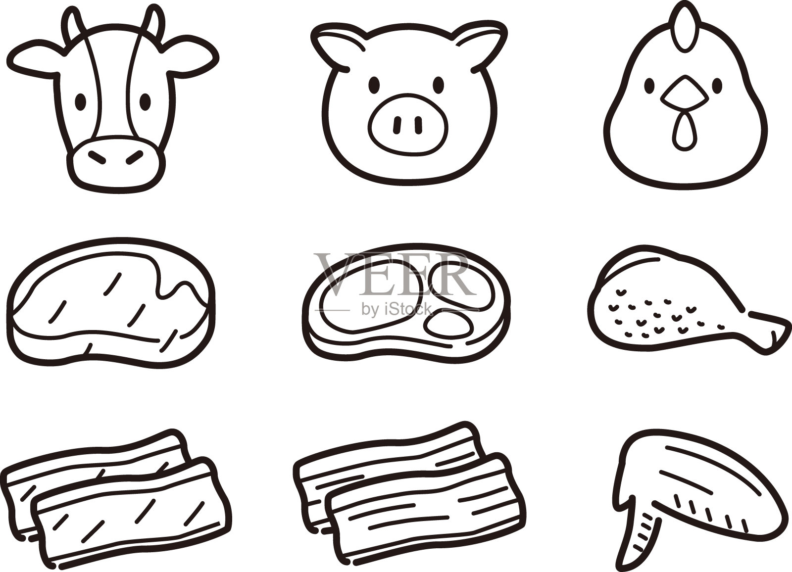 动物脸的图标与各自的肉。鸡肉、猪肉、牛肉插画图片素材