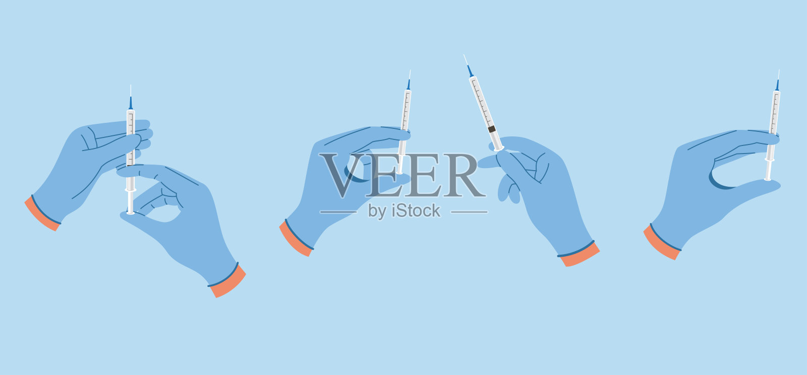 用医生的手和注射器设置。疫苗接种和免疫概念插画图片素材