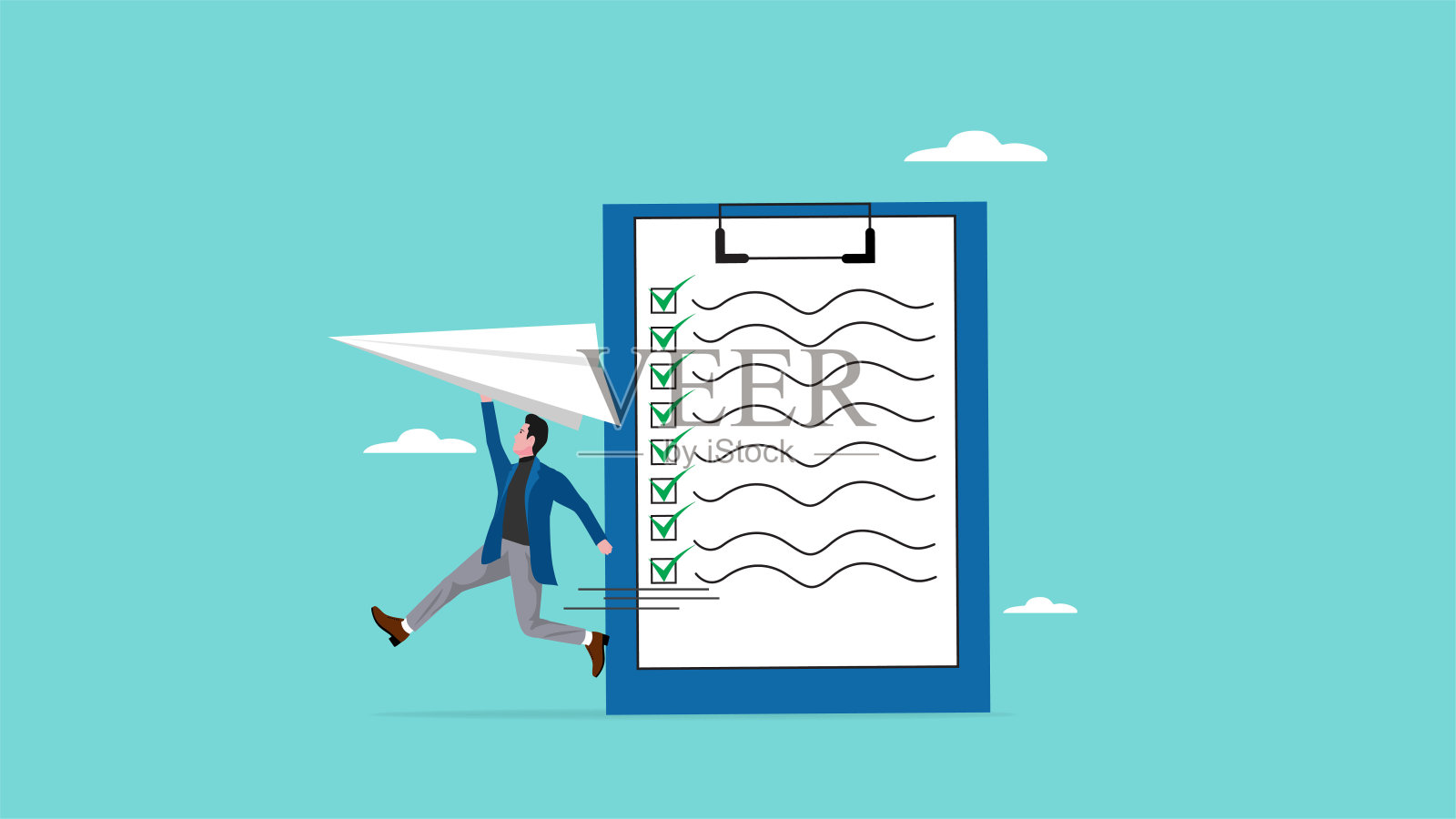 通过电子邮件发送文件或完成的任务,自由职业者或在家工作的概念,企业员工发送包含客户或公司完成的任务清单的纸飞机插画图片素材