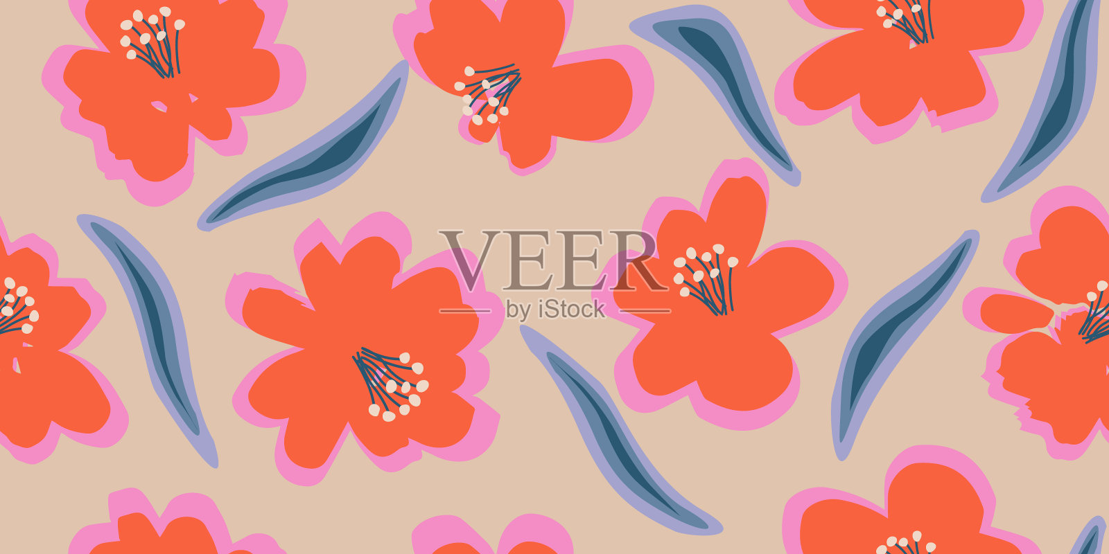 手绘可爱的花朵,无缝图案与丰富多彩的花卉织物,纺织品,服装,壁纸,墙壁艺术,海报,横幅,家居装饰,自然抽象的背景。矢量插图。插画图片素材