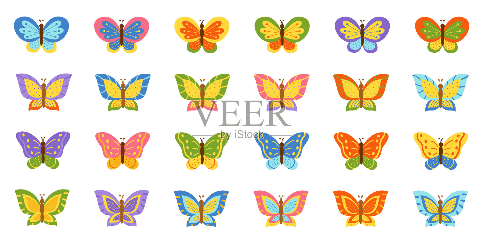 彩色电池的矢量插图。一大堆不同的蝴蝶。插画图片素材