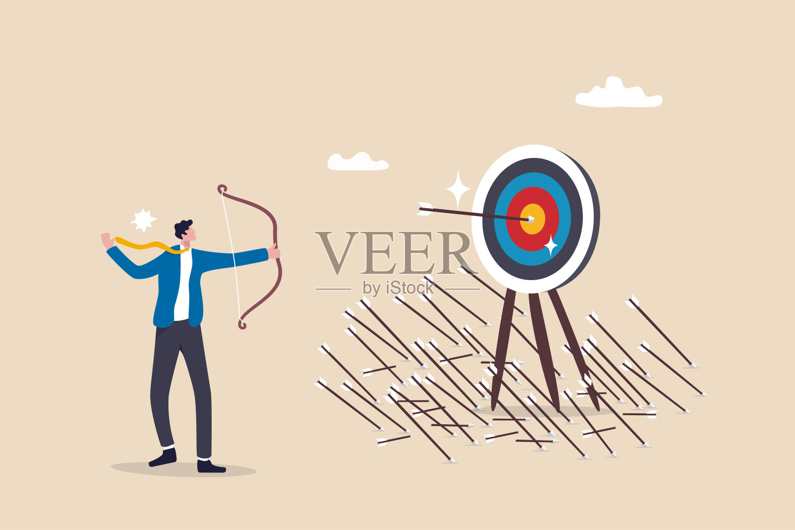 练习培养成功,努力提高和实现目标,错误,失败和纪律保持练习和达到目标的概念,商人练习射箭与错误直到成功。插画图片素材