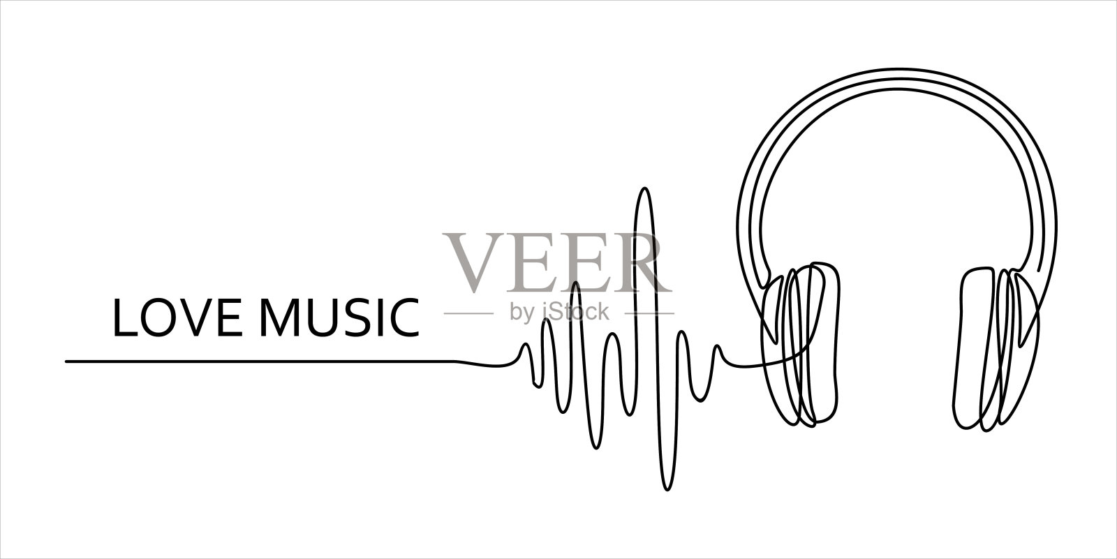 耳机扬声器装置小部件的连续线形设计,隔离在白色背景上。音乐元素听歌曲和播放列表。插画图片素材