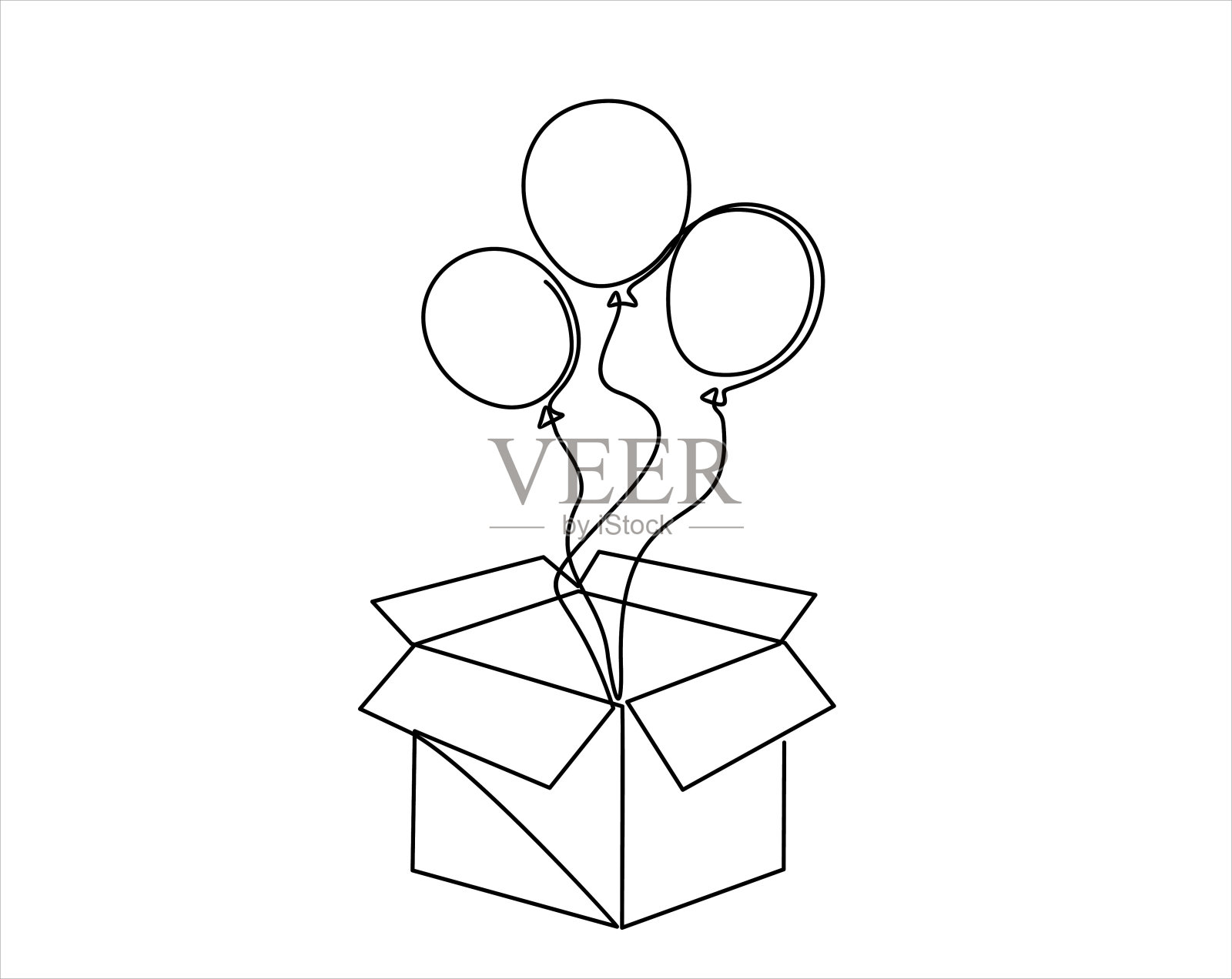 连续的一线条画生日打开礼盒和气球里面。节日礼物。生日庆祝概念孤立在白色背景。手绘设计矢量插图插画图片素材