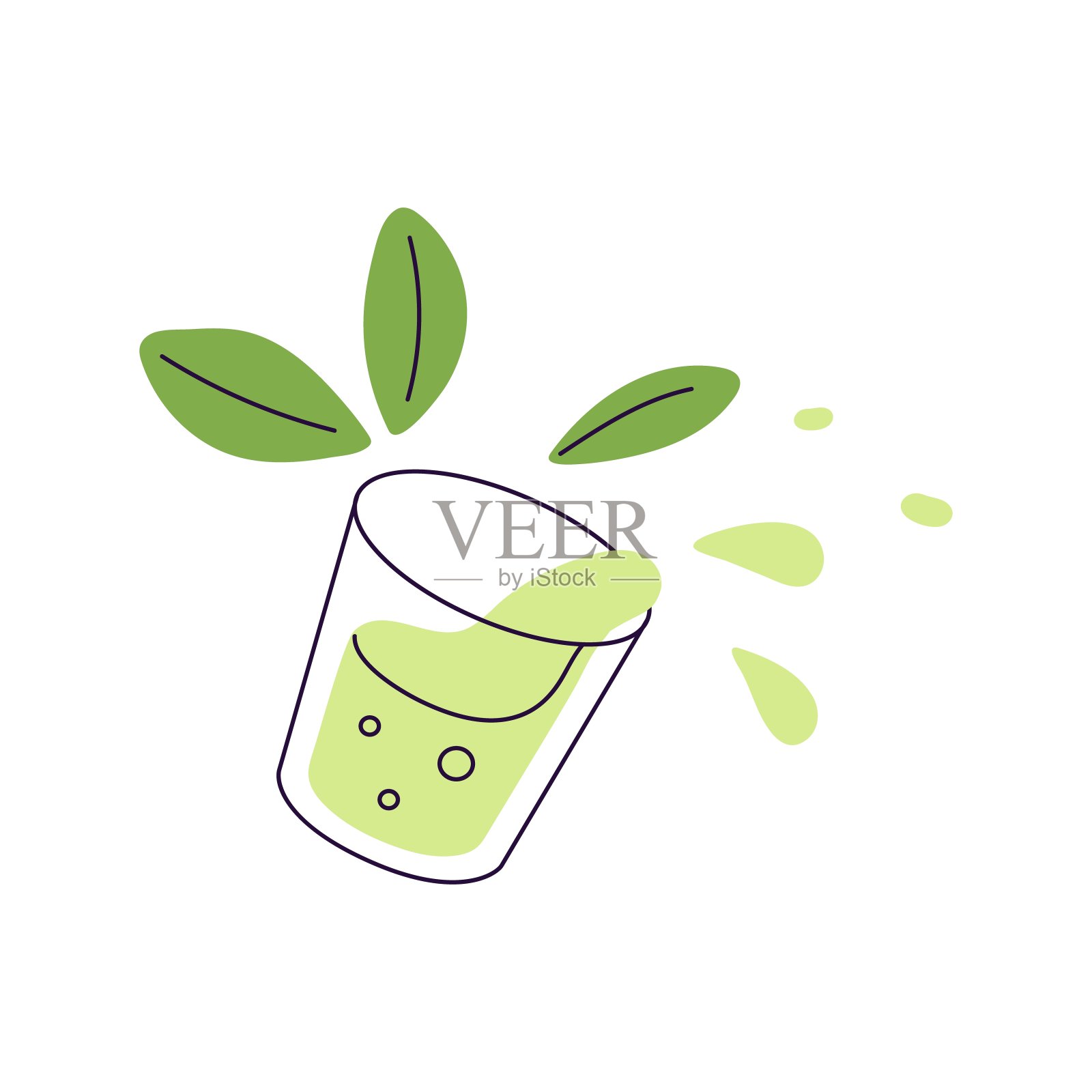 用透明玻璃杯装冷饮。有新鲜薄荷叶的点心。绿色的有飞溅的气泡饮料。柠檬水解渴。平面隔离矢量插图上的白色背景插画图片素材